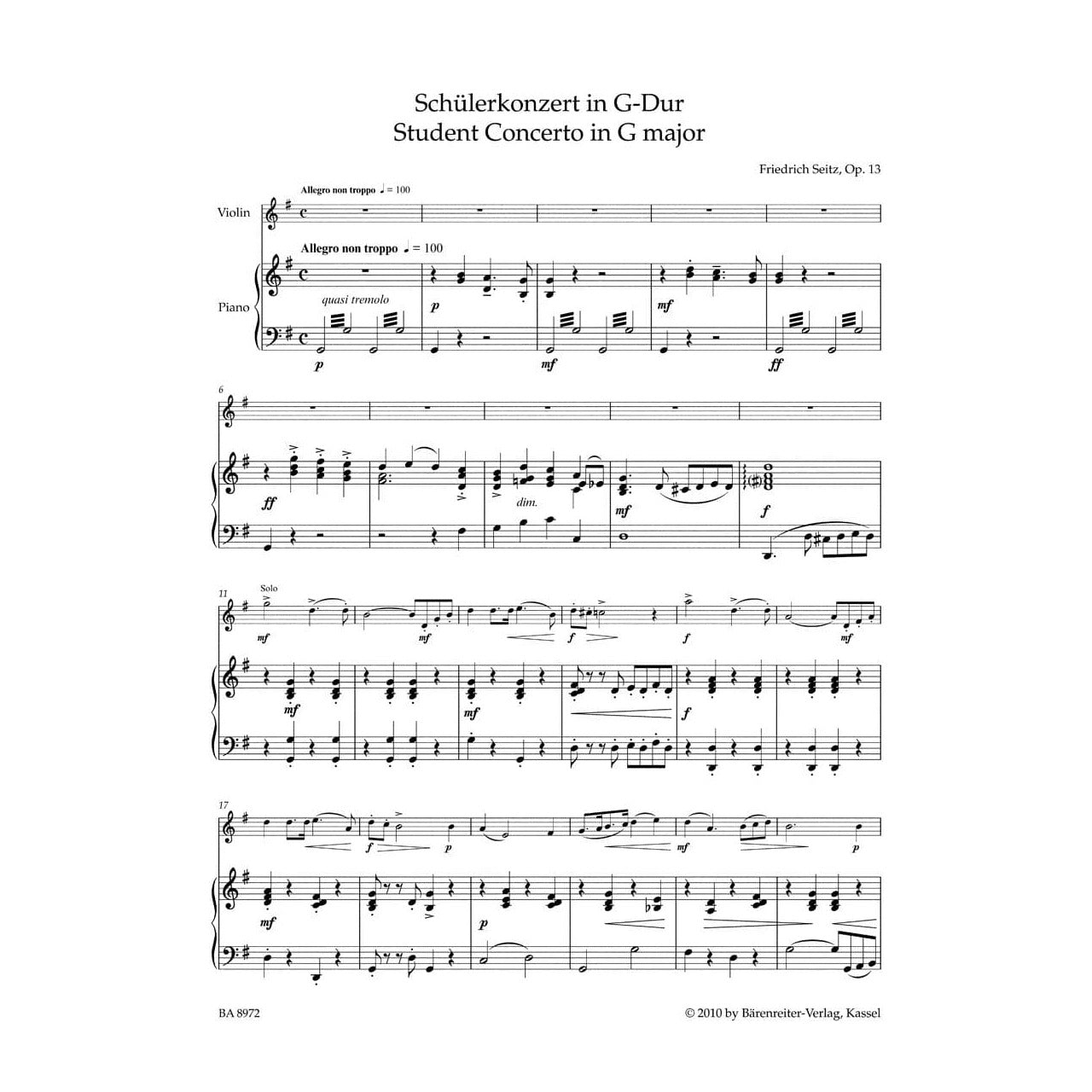 Seitz, Fritz (Friedrich) - Student Concerto Number 2 in G Major, Opus 13 - for Violin and Piano - Bärenreiter