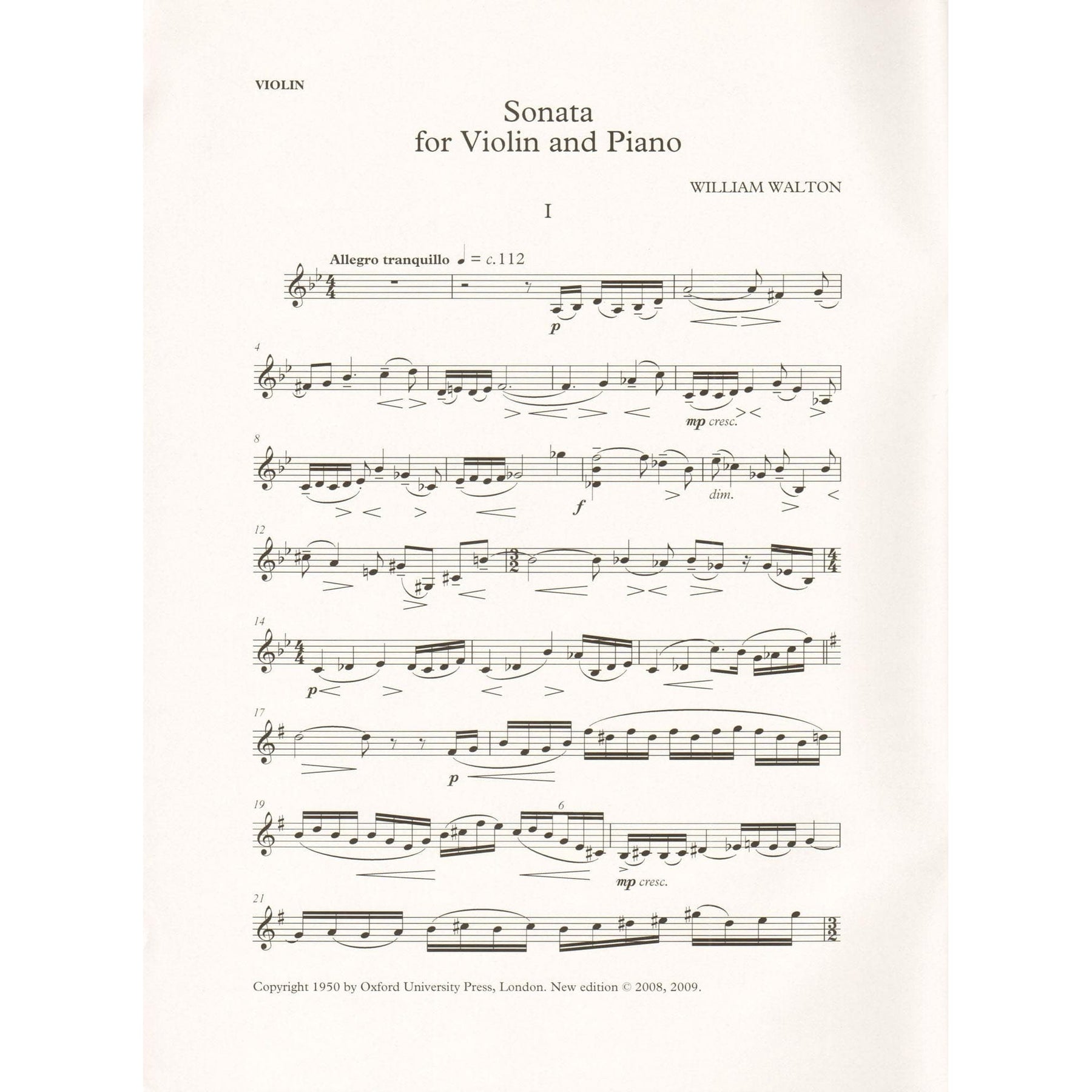 Walton, William - Sonata for Violin and Piano - Revised Edition by Hugh MacDonald - Oxford University Press