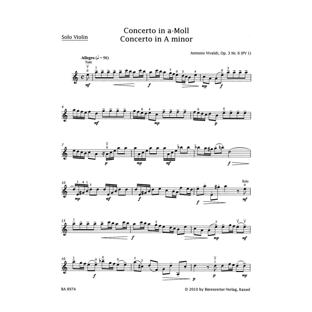 Vivaldi, Antonio - Violin Concerto in A Minor, Op 3 No 6, RV 356 - Violin and Piano - edited by Kurt Sassmannshaus - Bärenreiter