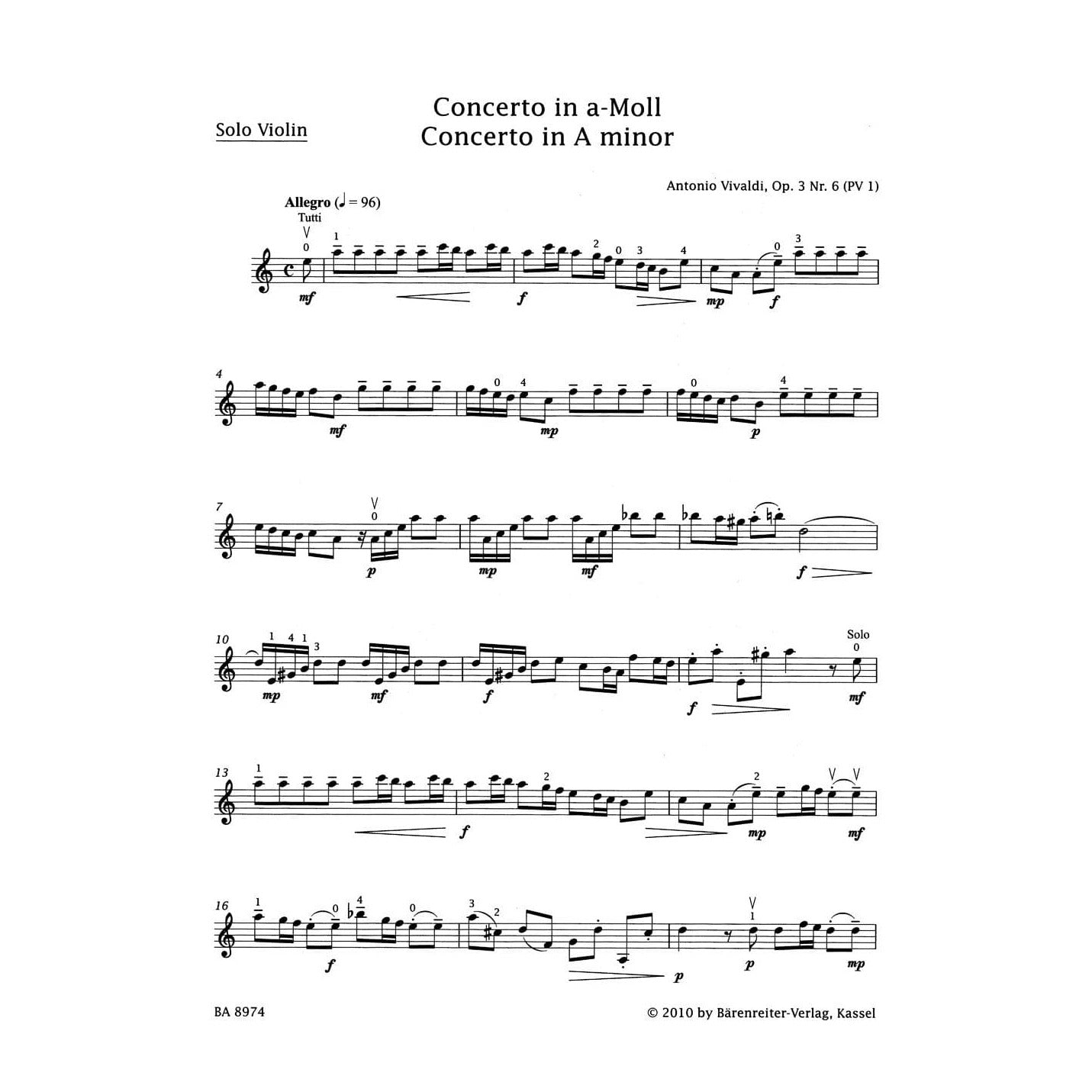 Vivaldi, Antonio - Violin Concerto in A Minor, Op 3 No 6, RV 356 - Violin and Piano - edited by Kurt Sassmannshaus - Bärenreiter
