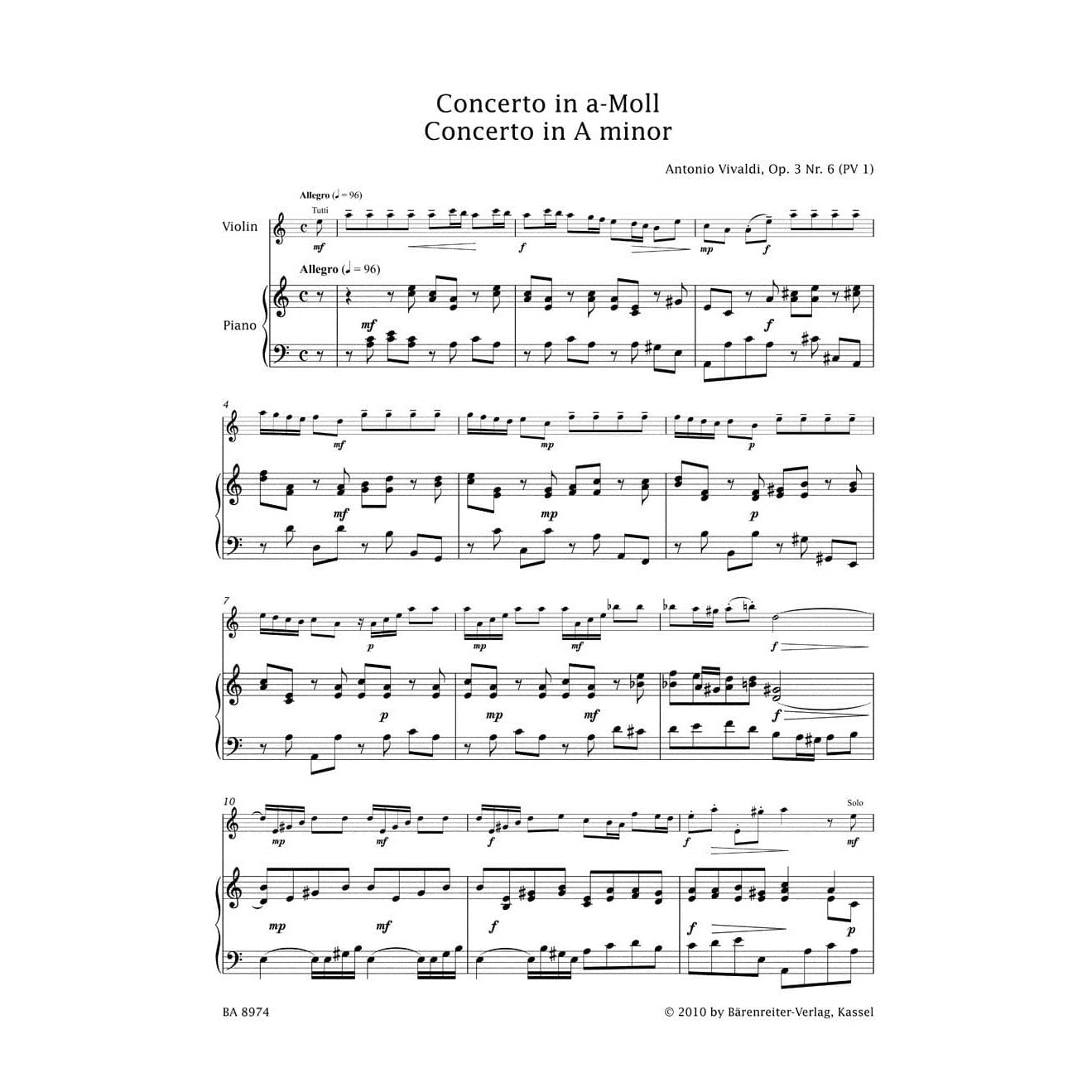 Vivaldi, Antonio - Violin Concerto in A Minor, Op 3 No 6, RV 356 - Violin and Piano - edited by Kurt Sassmannshaus - Bärenreiter