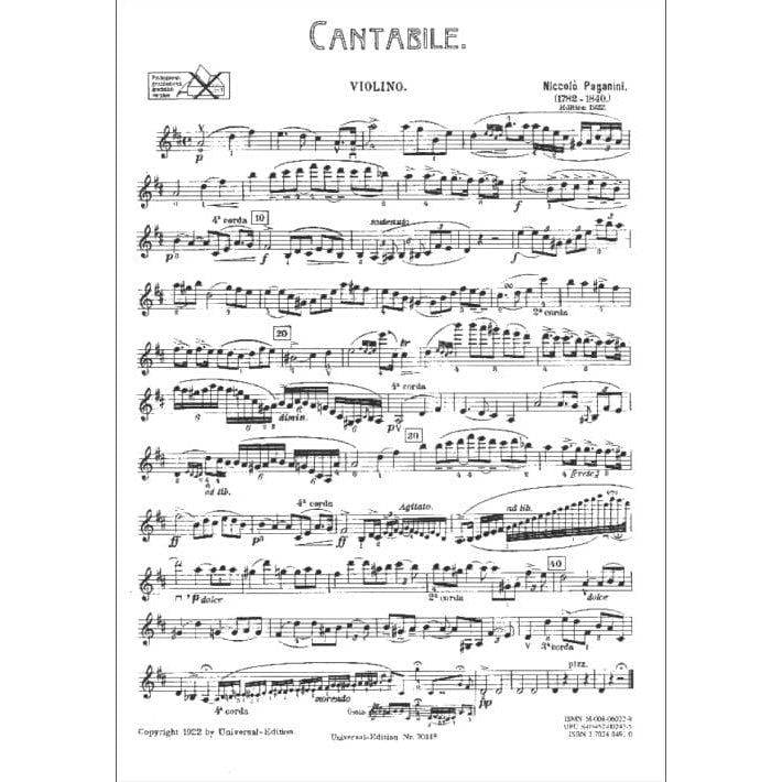 Nicolo Paganini - Cantabile - Violin and Piano - Universal Edition