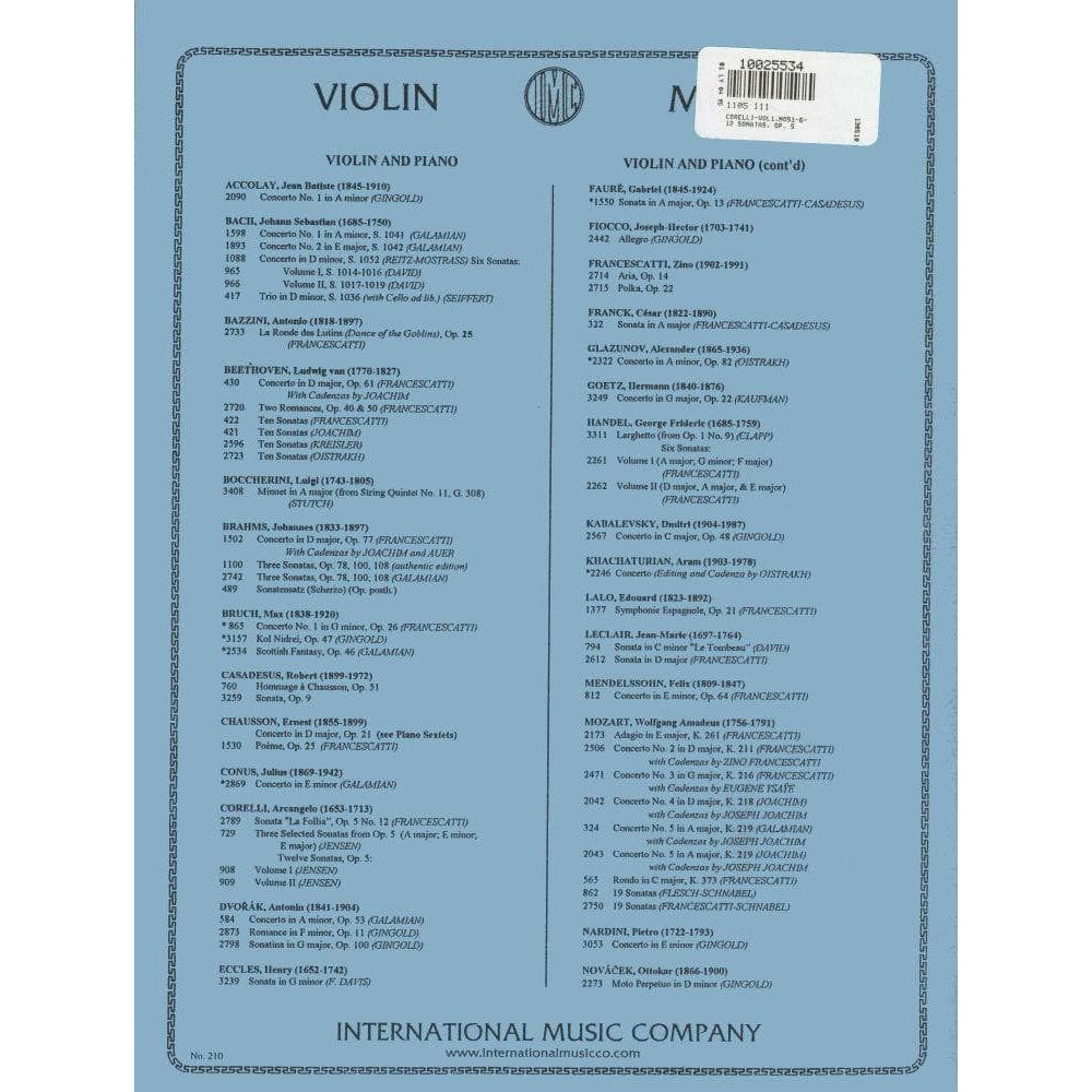 Corelli, Arcangelo - 12 Violin Sonatas, Op 5, Volume 1 - edited by Jensen - International Edition