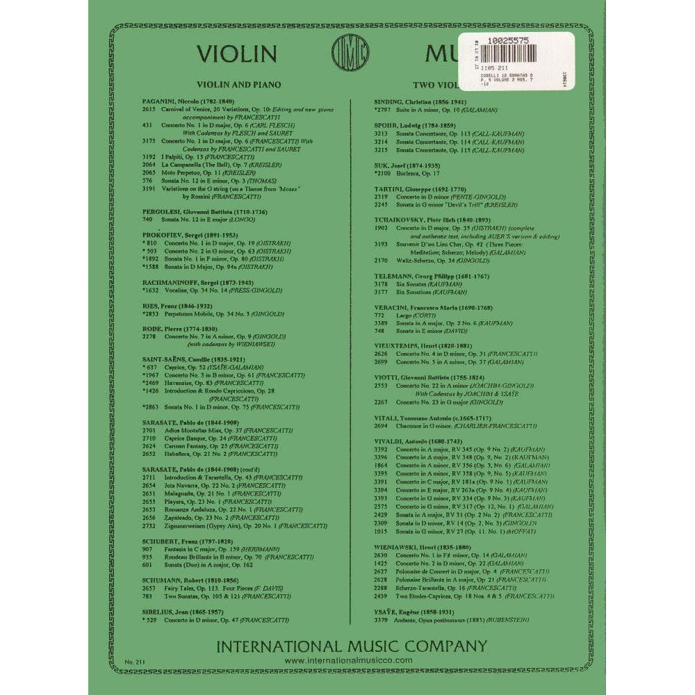 Corelli, Arcangelo - 12 Sonatas Op 5 Volume 2 Nos 7-12 for Violin and Piano - arranged by Jensen - International Edition