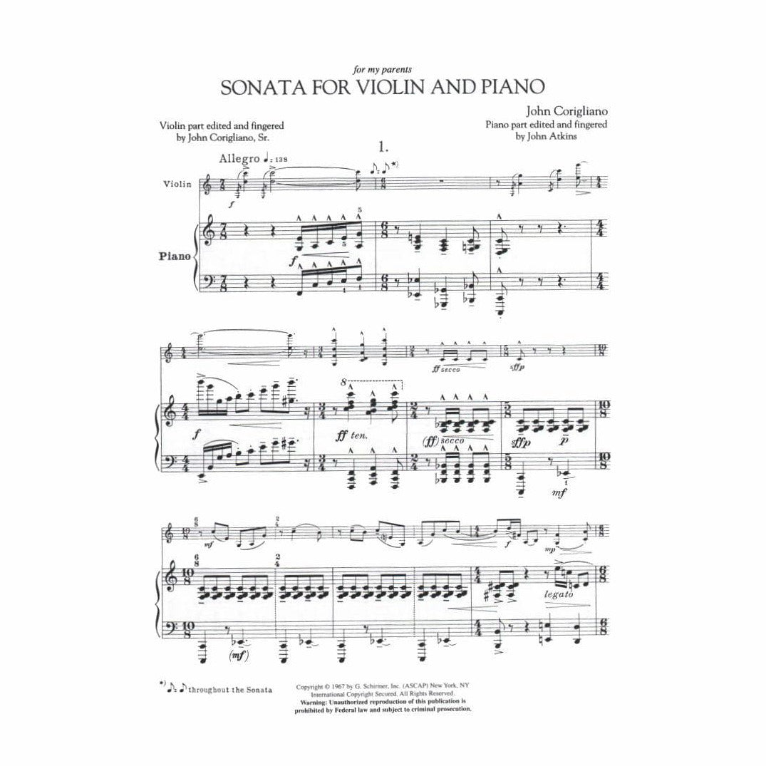 Corigliano, John - Sonata for Violin and Piano - edited by John Corigliano, Sr - G Schirmer Edition