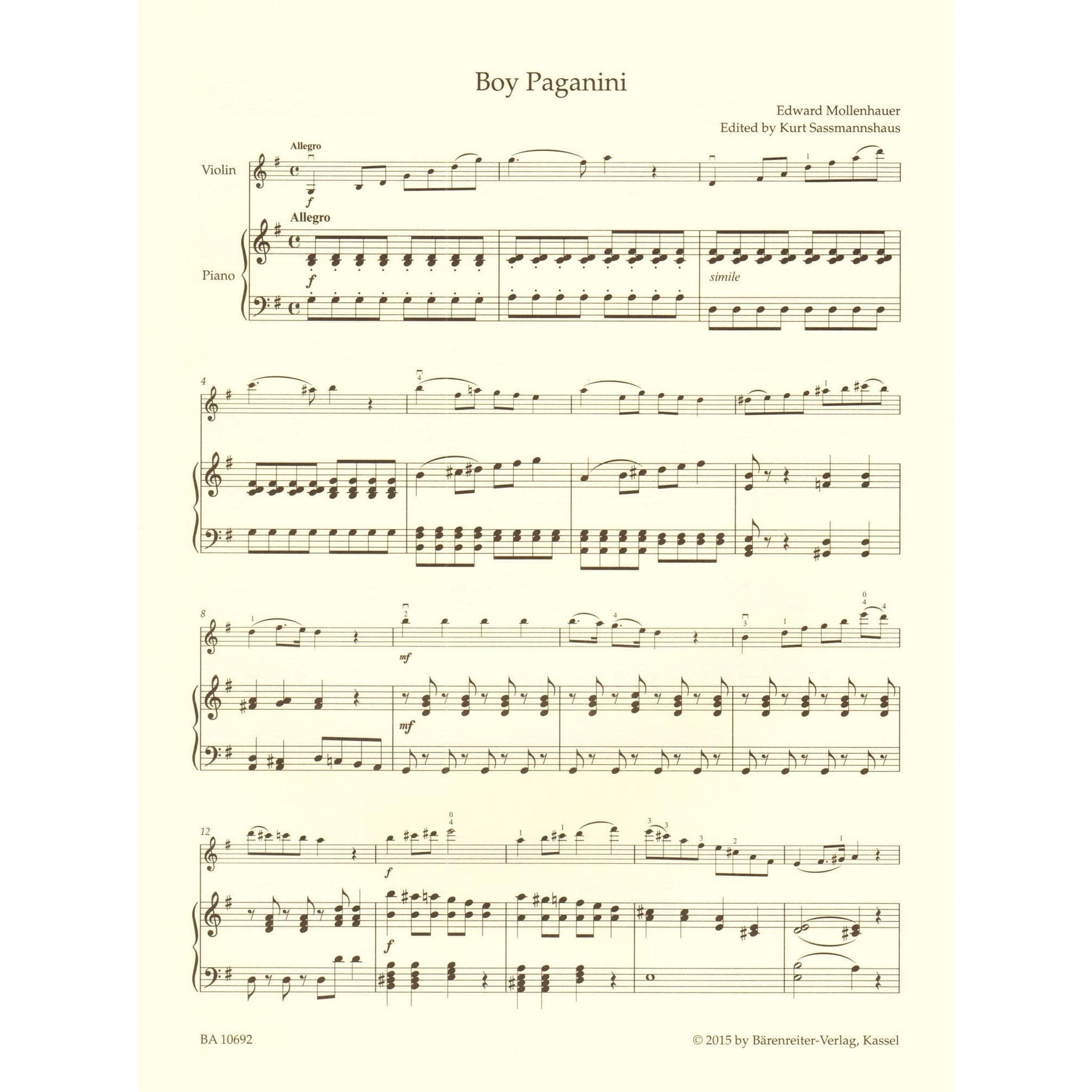Mollenhauer - The Boy Paganini - for Violin and Piano - edited by Kurt Sassmannshaus - Barenreiter's Concert Pieces