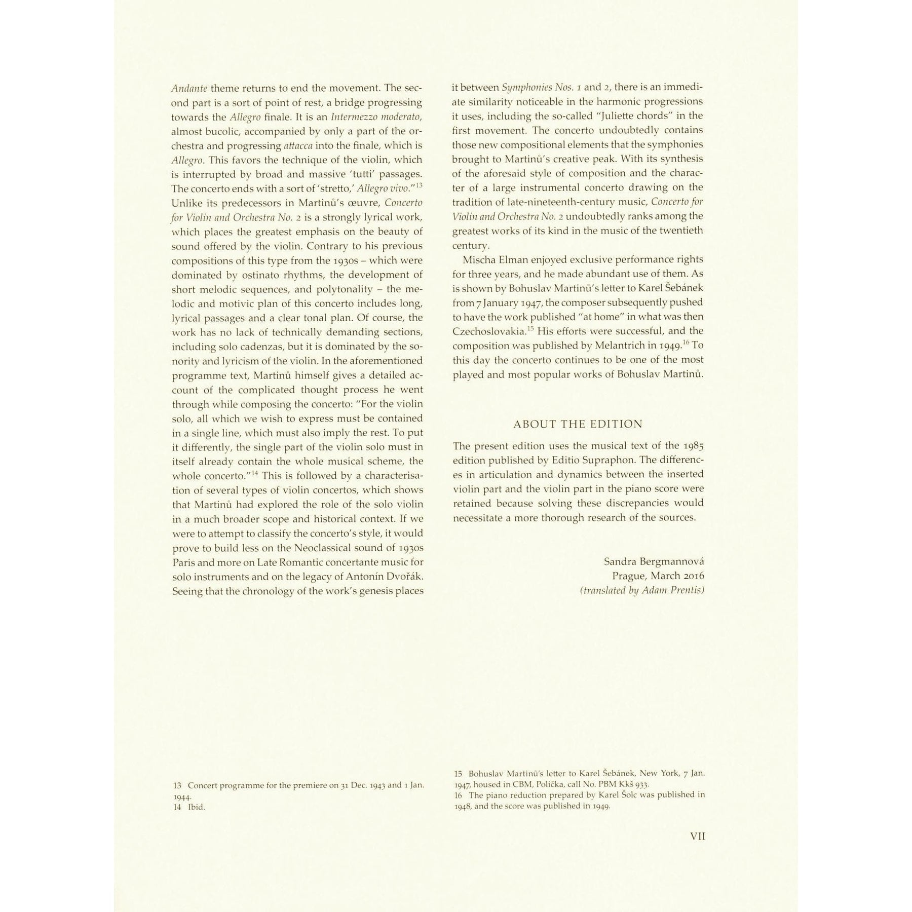 Martinu, Bohuslav - Concerto No. 2 - for Violin and Piano - Barenreiter URTEXT