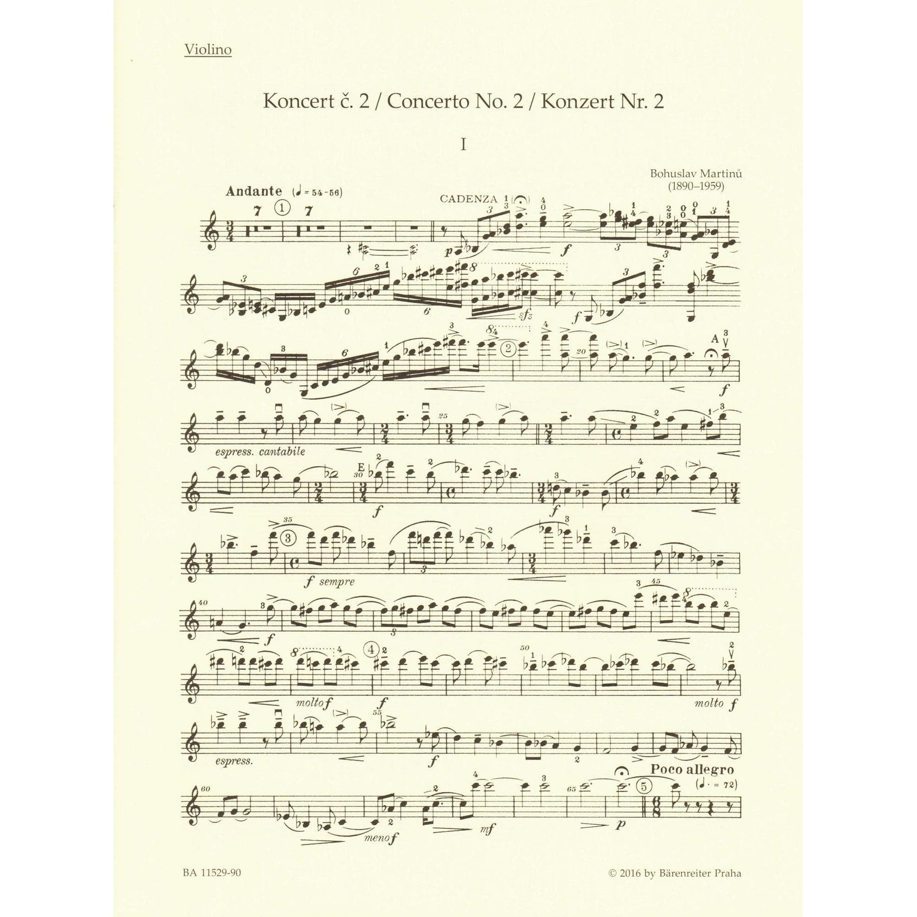 Martinu, Bohuslav - Concerto No. 2 - for Violin and Piano - Barenreiter URTEXT