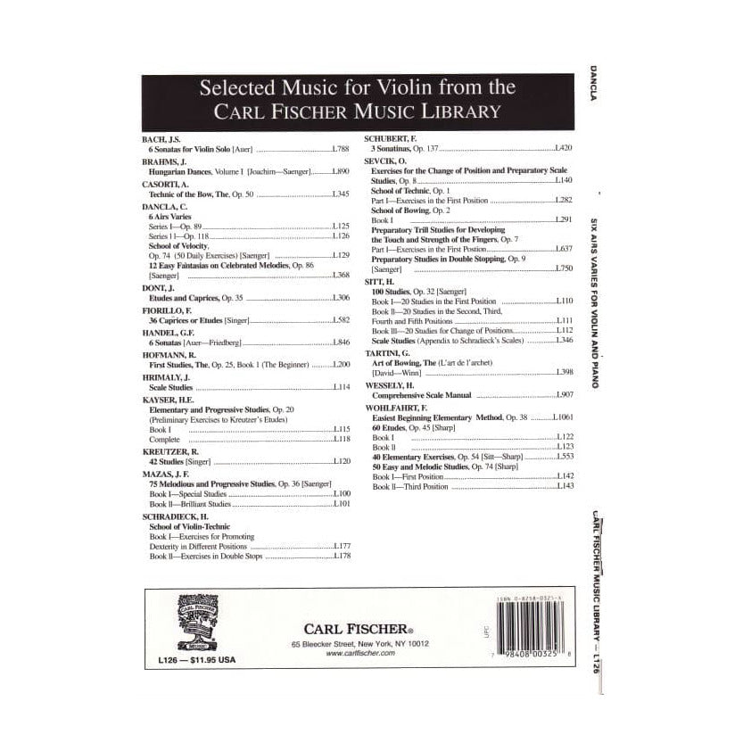 Dancla, Charles - 6 Airs Variés, Op 118 - Violin and Piano - Carl Fischer Edition