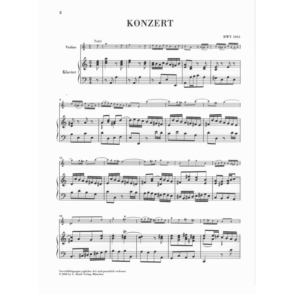 Bach, JS - Violin Concerto in A Minor, BWV 1041 - for Violin and Piano - G Henle Verlag URTEXT Edition