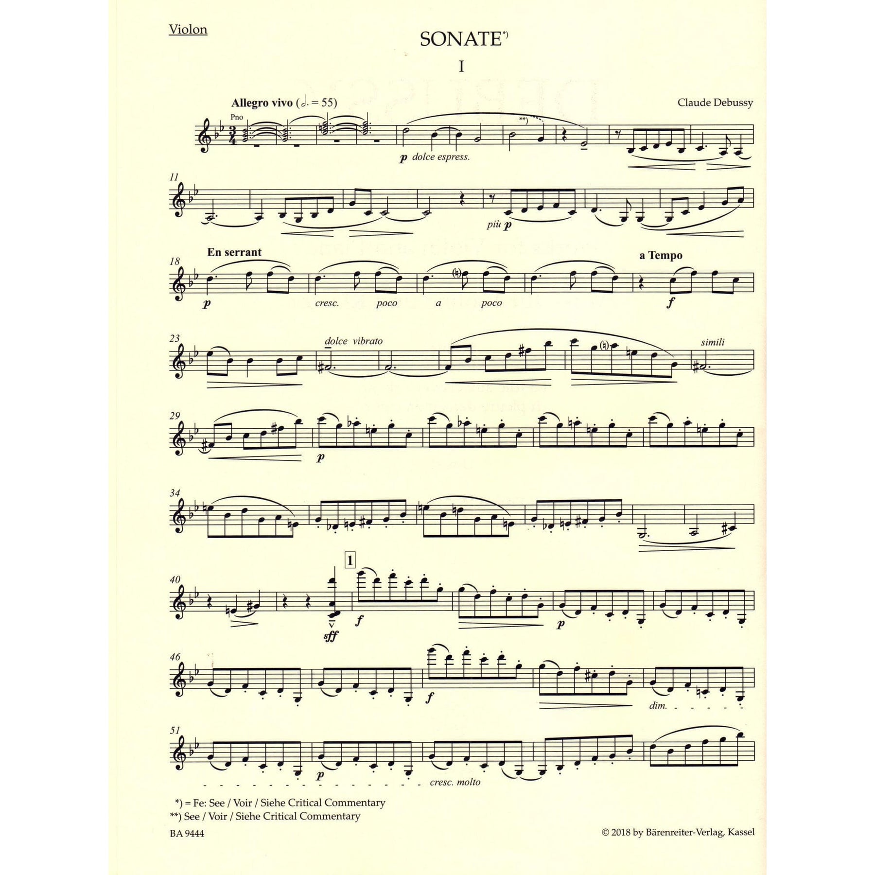 Debussy, Claude - Works for Violin and Piano - Edited by Douglas Woodfull-Harris - Barenreiter Urtext