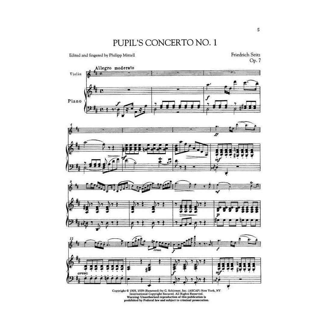 Seitz, Fritz (Friedrich) - Pupil's Concerto Nos 1-5 (Complete) - for Violin and Piano - G Schirmer