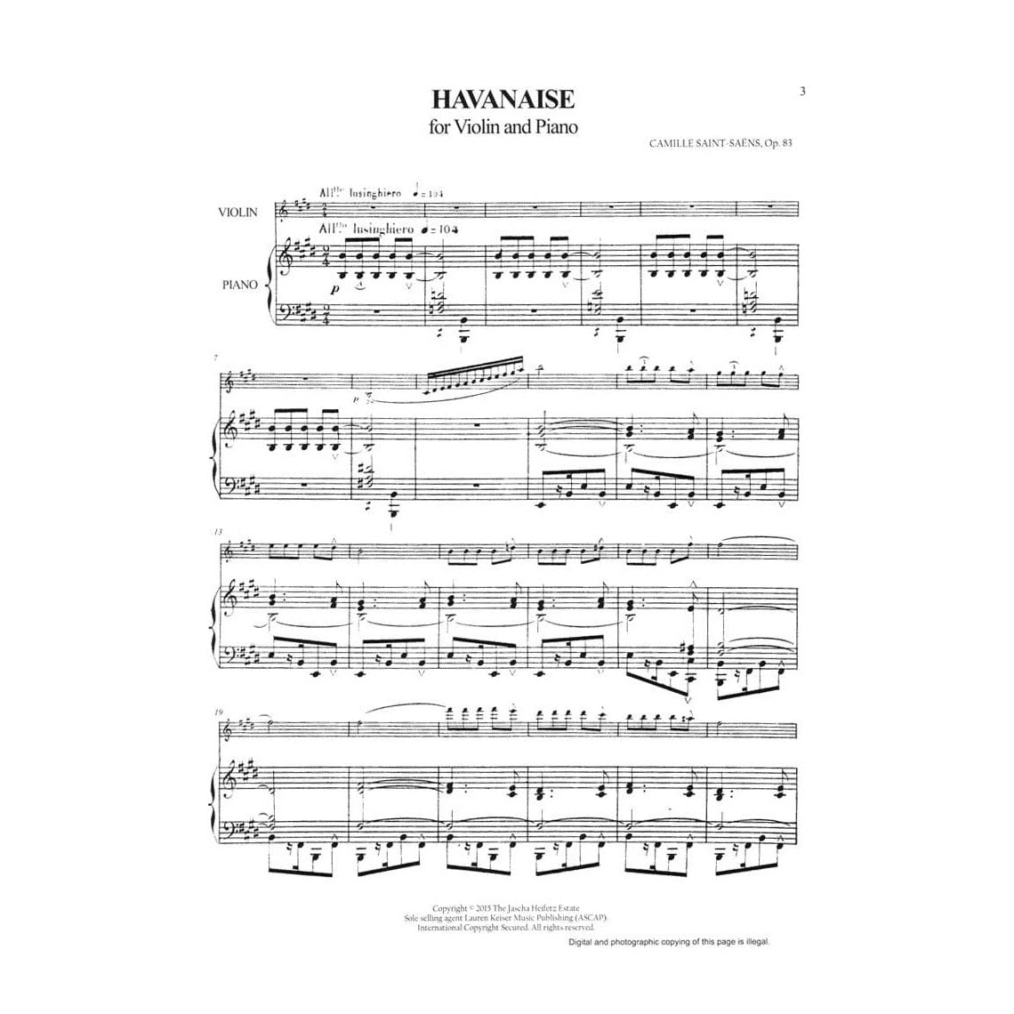 Saint-Saens, Camille - Heifetz Collection: Havanaise for Violin and Piano, Op 83 - edited by Endre Granat - Lauren Keiser