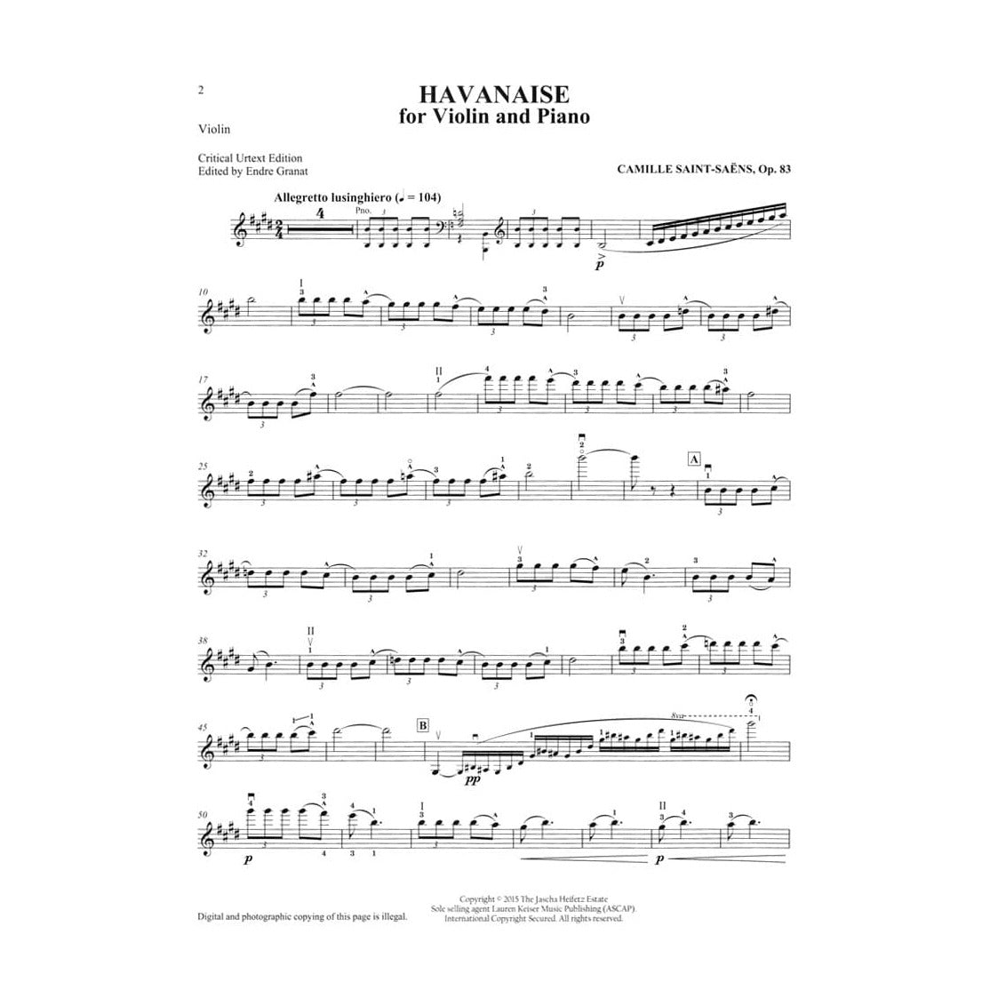 Saint-Saens, Camille - Heifetz Collection: Havanaise for Violin and Piano, Op 83 - edited by Endre Granat - Lauren Keiser