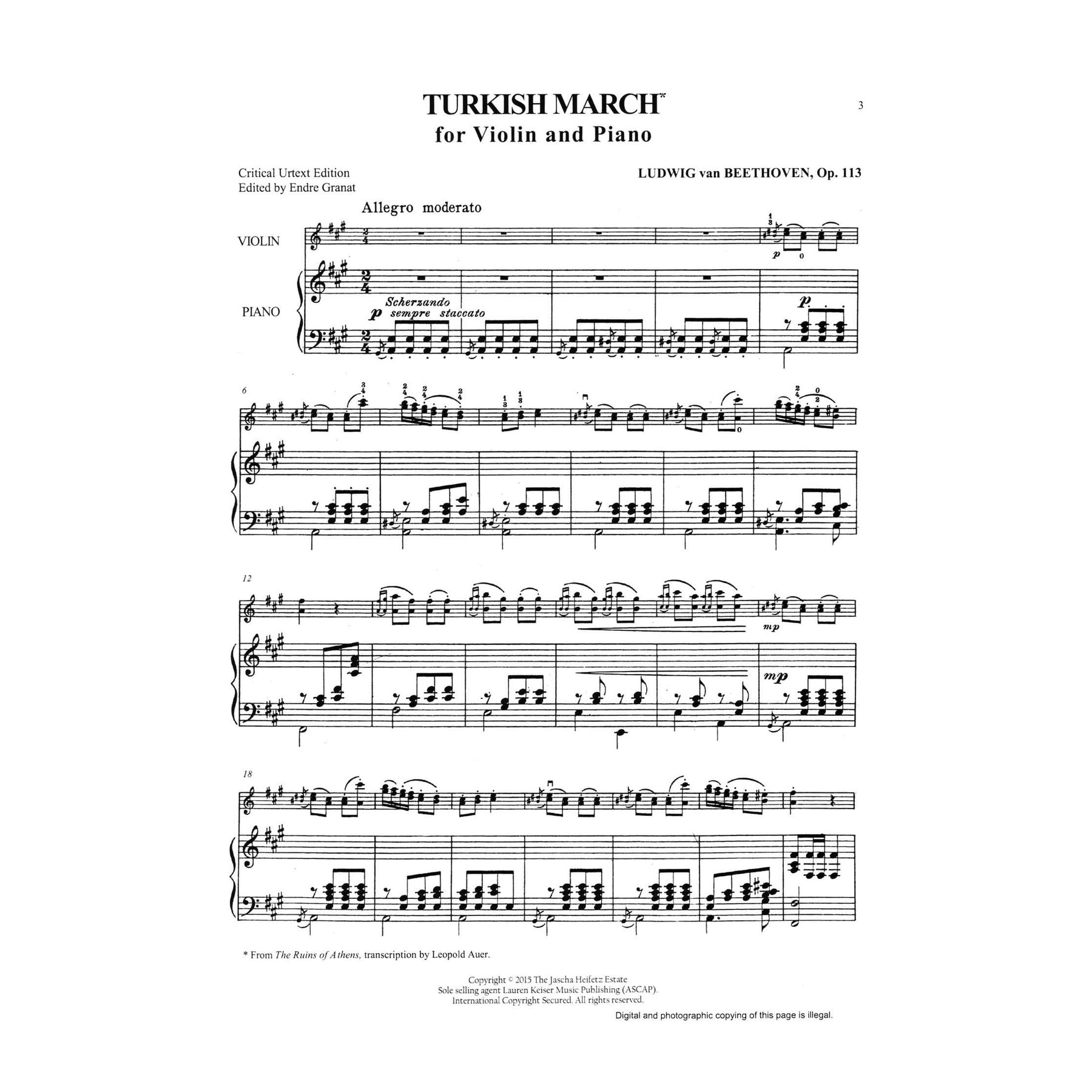 Beethoven, Ludwig van - Heifetz Collection: The Beethoven Folio - for Violin and Piano - edited by Endre Granat - Lauren Keiser (Hal Leonard)