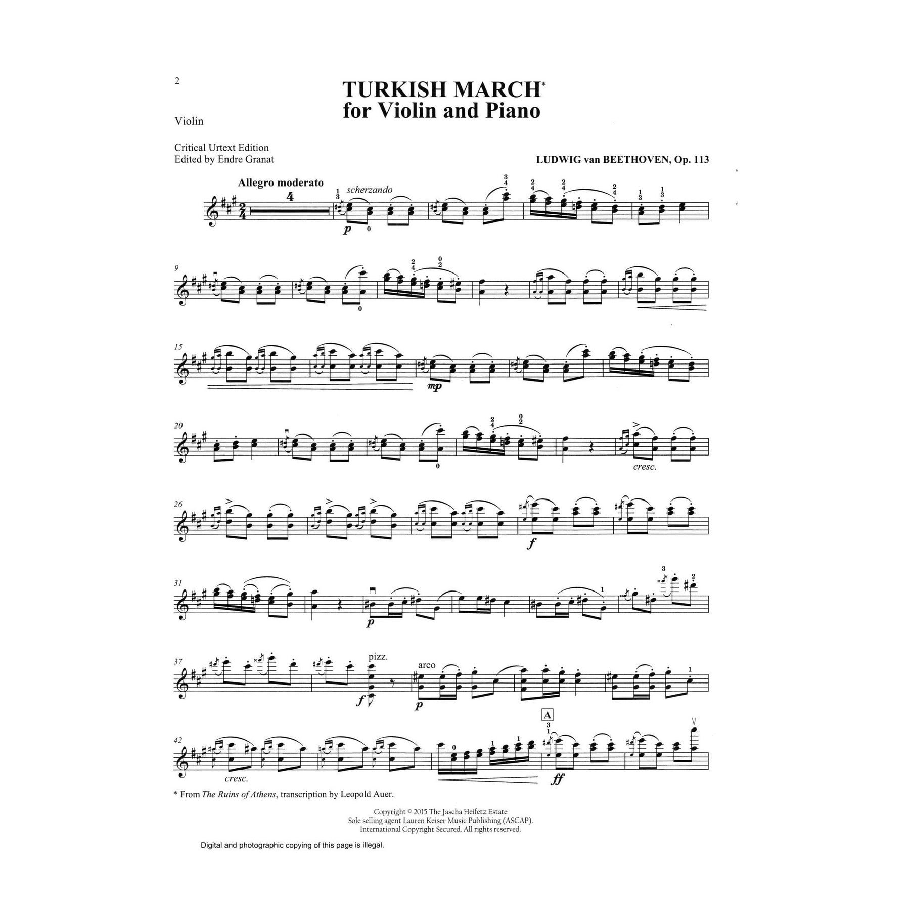 Beethoven, Ludwig van - Heifetz Collection: The Beethoven Folio - for Violin and Piano - edited by Endre Granat - Lauren Keiser (Hal Leonard)