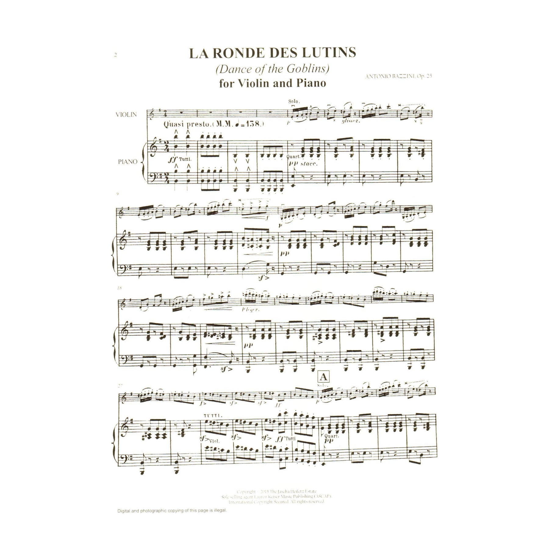 Bazzini, Antonio - La Ronde des Lutins (Dance of the Goblins), Op. 25 - for Violin and Piano - edited by Endre Granat - Heifetz Collection