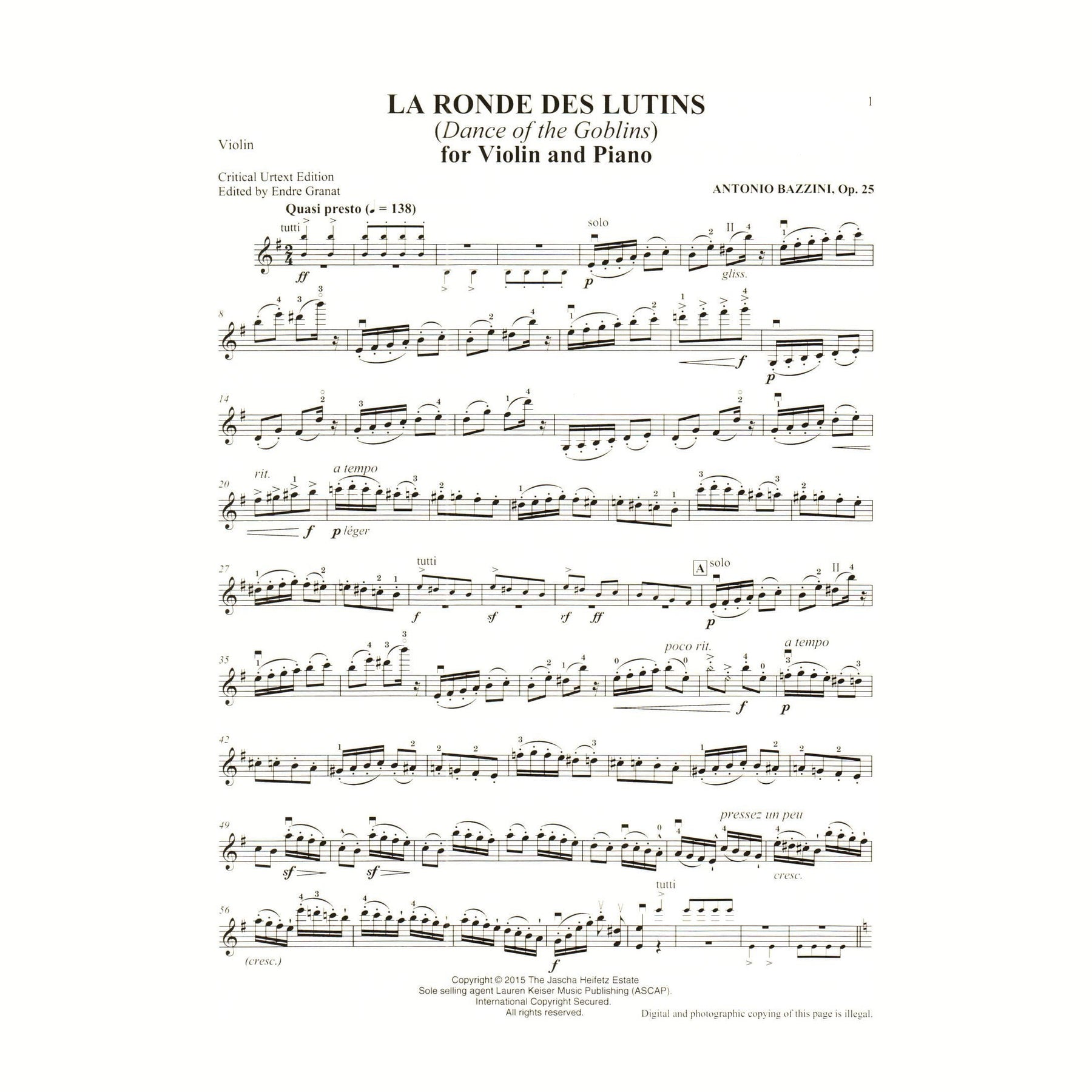 Bazzini, Antonio - La Ronde des Lutins (Dance of the Goblins), Op. 25 - for Violin and Piano - edited by Endre Granat - Heifetz Collection