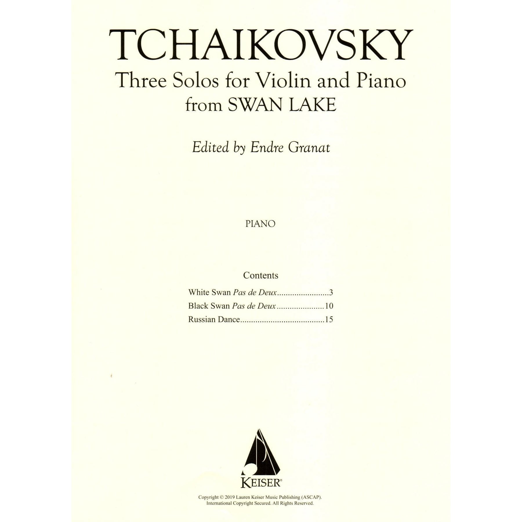 Tchaikovsky, P - Three Solos from Swan Lake - for Violin and Piano - Lauren Keiser Music