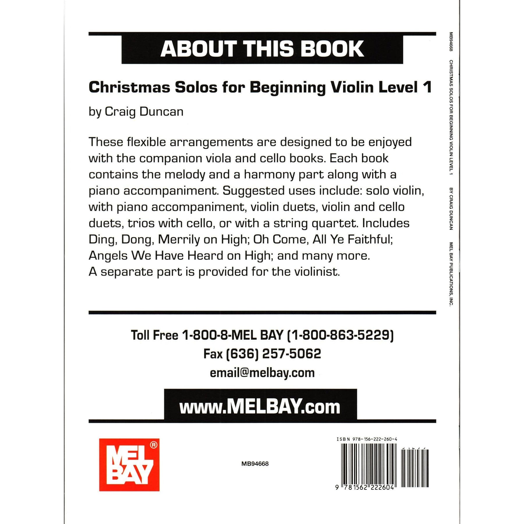 Christmas Solos for Beginning Violin, Level 1 - Violin Parts and Piano Accompaniment for Flexible Ensemble - by Craig Duncan - Mel Bay Publications