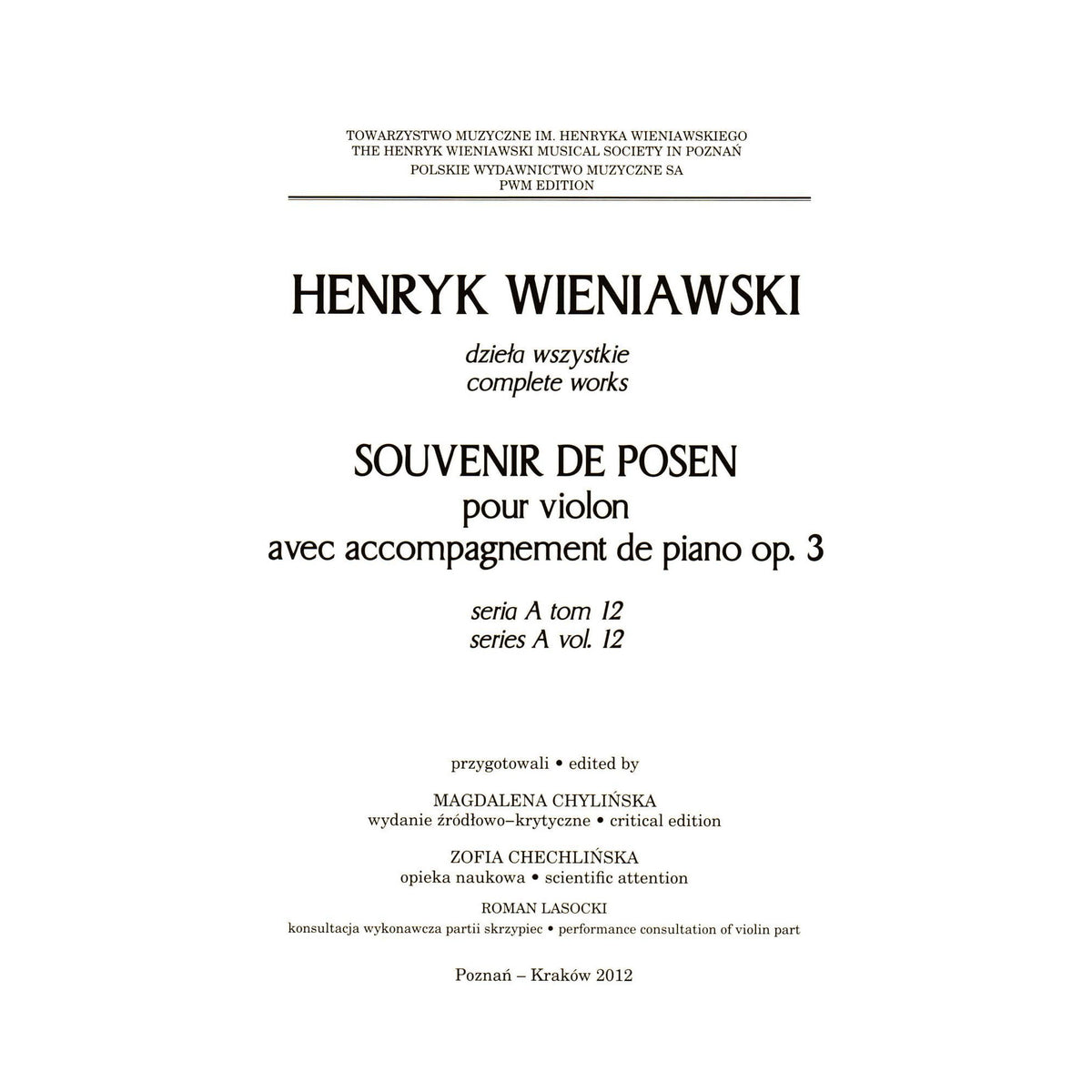 Wieniawski, Henryk - Souvenir de Posen, Opus 3 - for Violin and Piano - PWM Edition