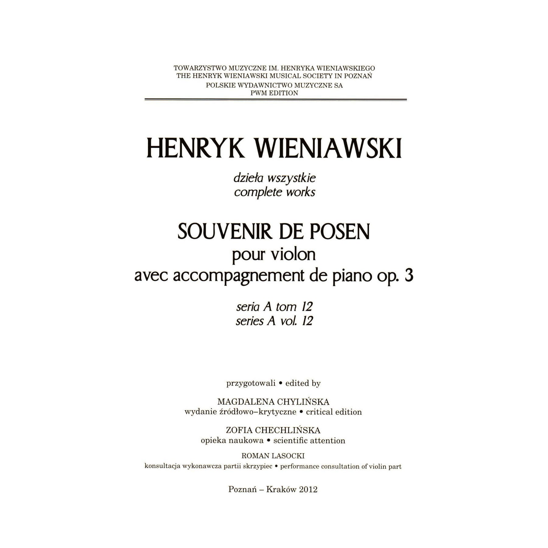 Wieniawski, Henryk - Souvenir de Posen, Opus 3 - for Violin and Piano - PWM Edition