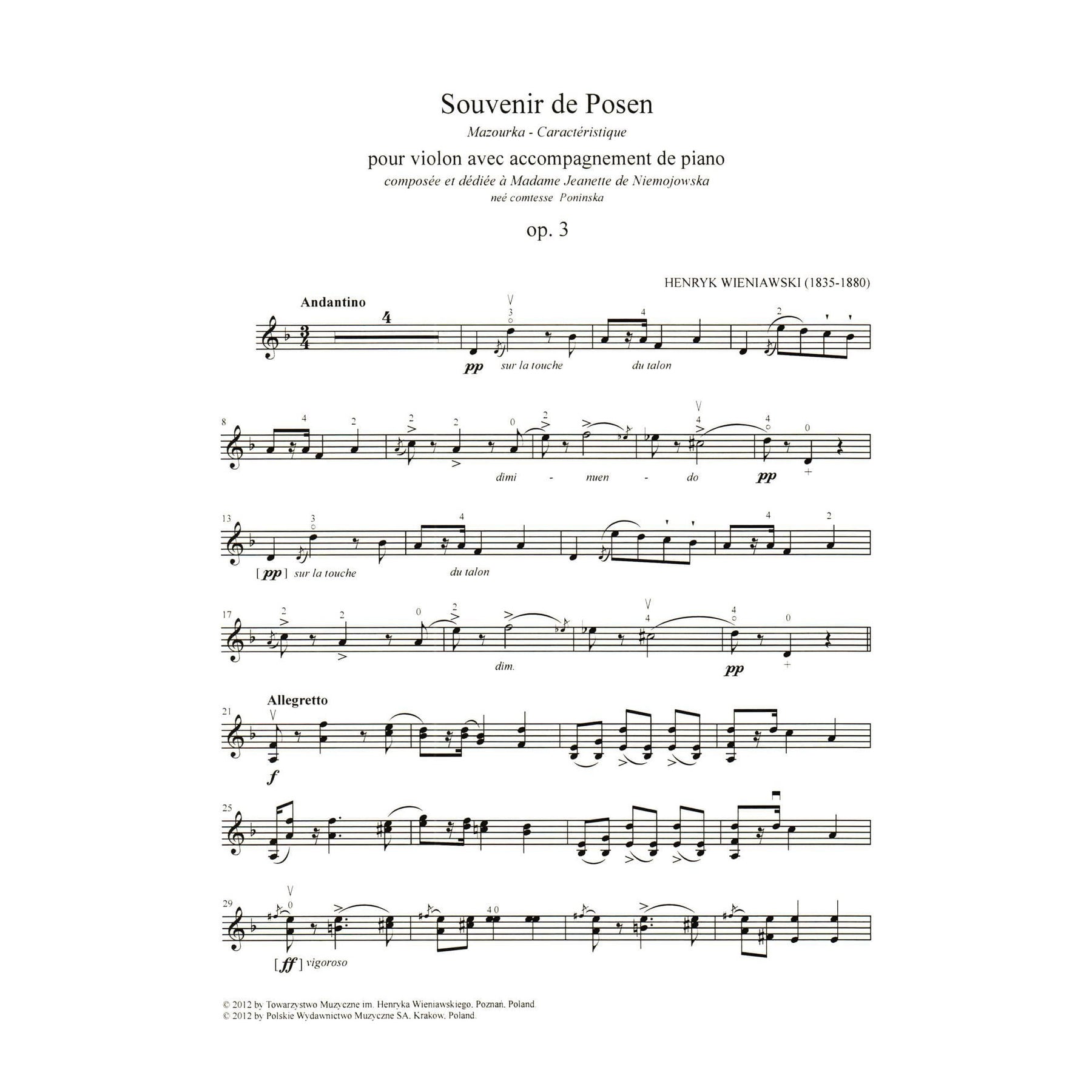 Wieniawski, Henryk - Souvenir de Posen, Opus 3 - for Violin and Piano - PWM Edition