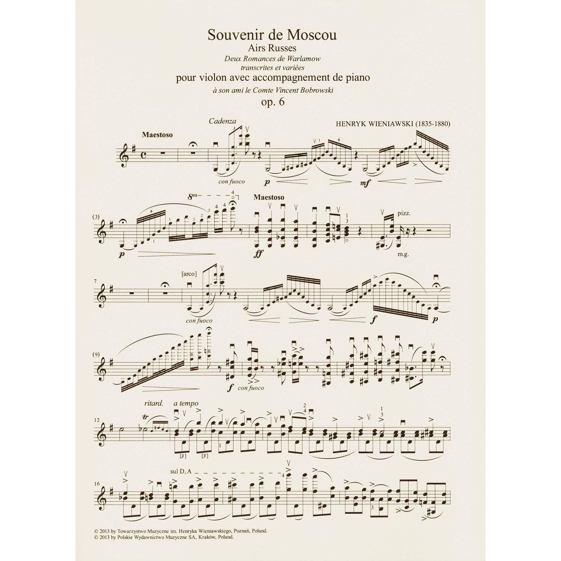 Wieniawski, Henryk - Souvenir de Moscow, Opus 6 - for Violin and Piano - PWM Edition