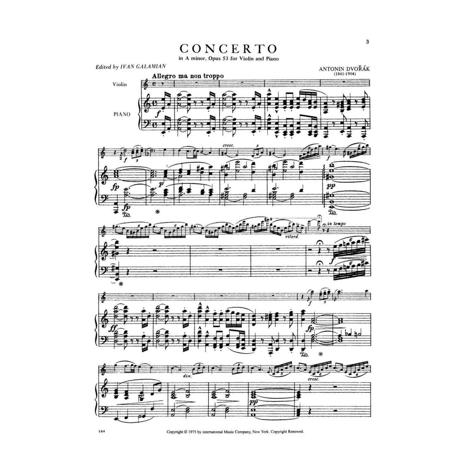 Dvorák, Antonín - Concerto in a minor, Op 53 - Violin and Piano - edited by Ivan Galamian - International Music Co