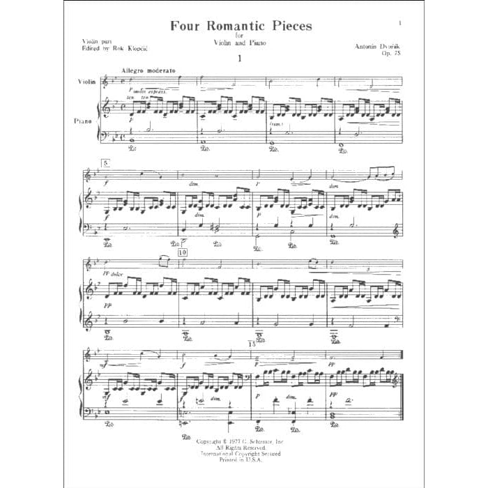 Dvorak, Antonin - Four Romantic Pieces, Op 75 - Violin and Piano - edited by Klopcic - published by Schirmer