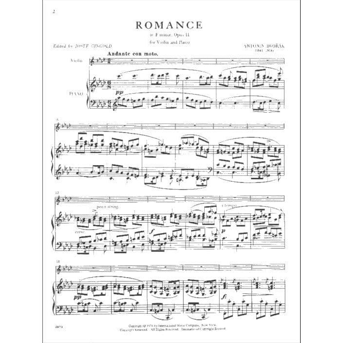 Dvorák, Antonán - Romance in f minor, Op 11 - Violin and Piano - edited by Josef Gingold - International Edition