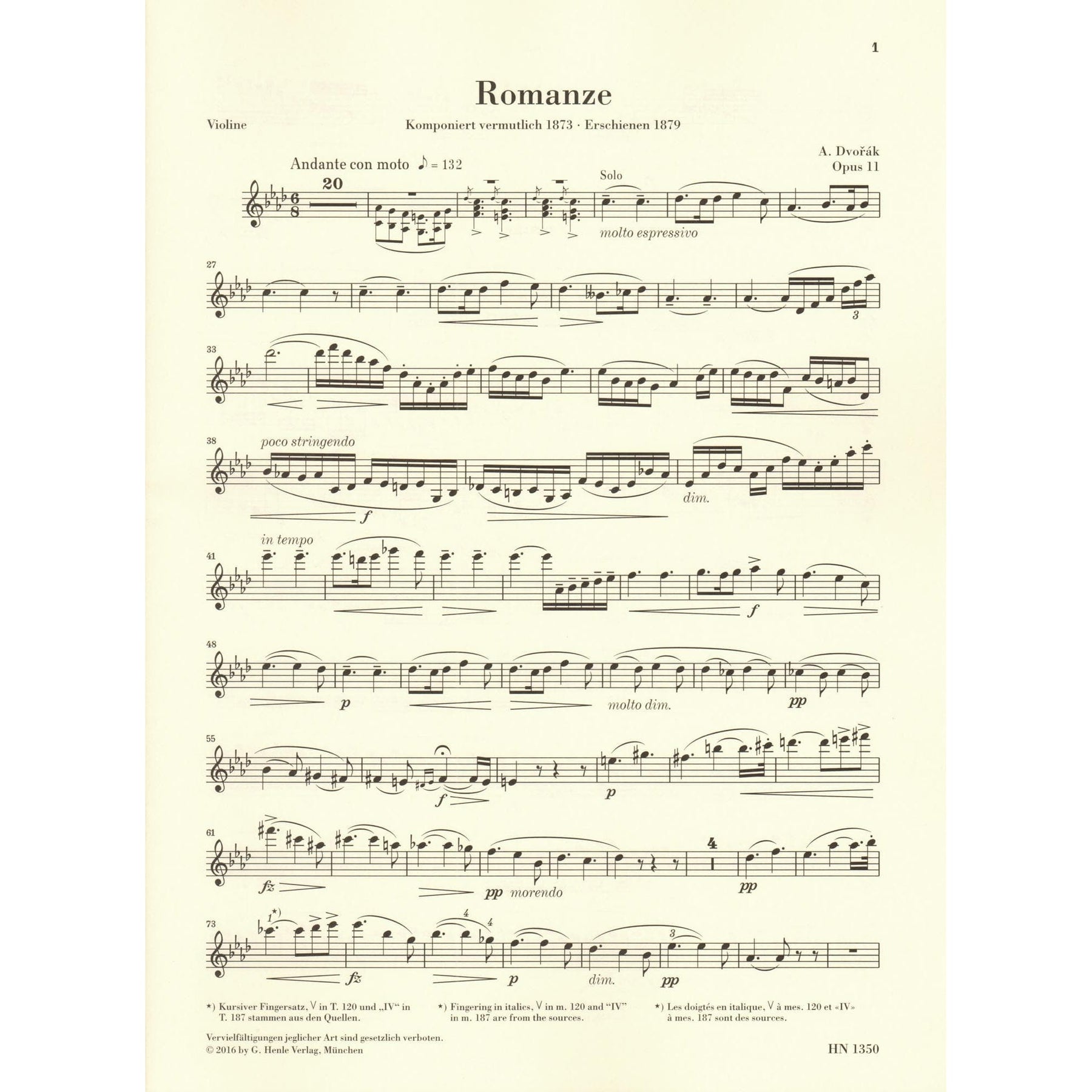 Dvorak, Antonin - Romance for Violin and Orchestra in F minor, op. 11 - for Violin and Piano - G. Henle Verlag URTEXT