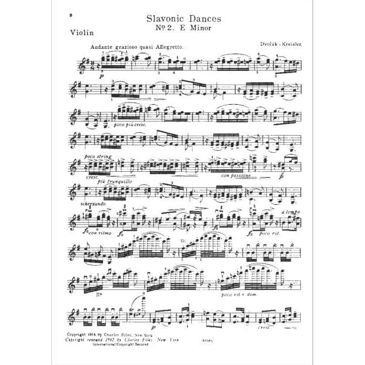 Dvo?ák, Antonín - Slavonic Dance in e minor, Op 72, No 2 - Violin and Piano - arranged and edited by Fritz Kreisler - Carl Fischer Edition