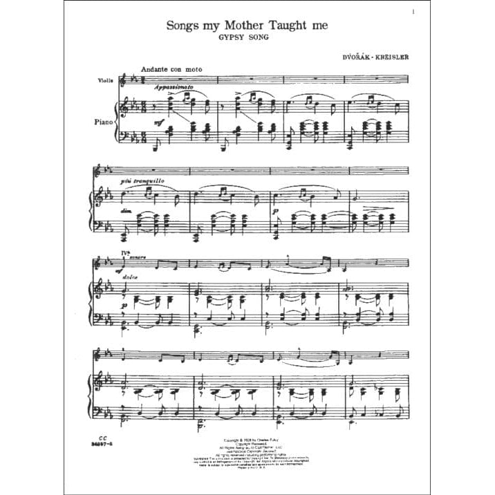 Dvorák, Antonín - Songs My Mother Taught Me ("Gypsy Song") - Violin and Piano - arranged by Fritz Kreisler - Carl Fischer Edition