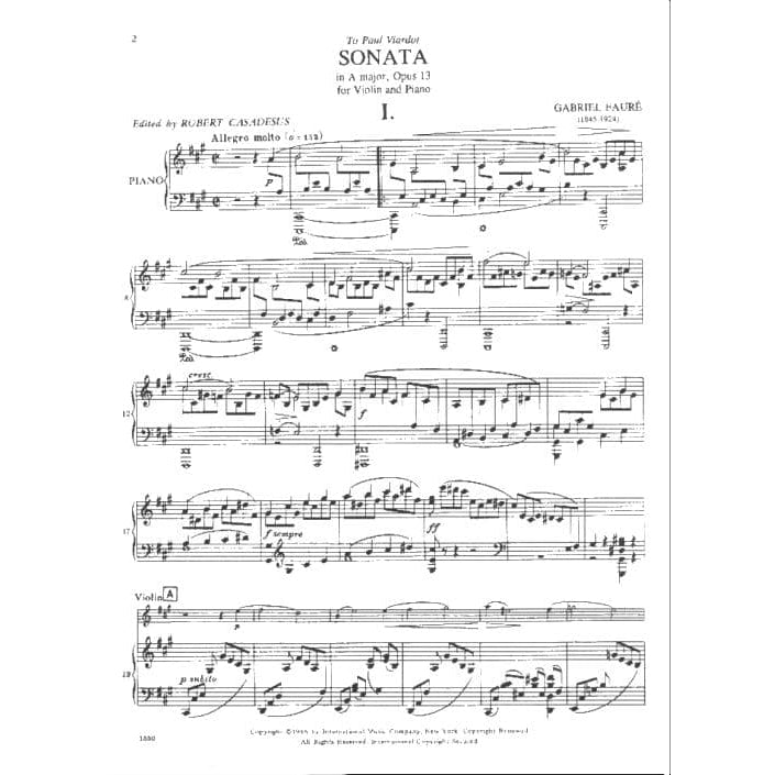 Fauré, Gabriel - Sonata No 1 in A Major, Op 13 - Violin and Piano - edited by Zino Francescatti - International Edition