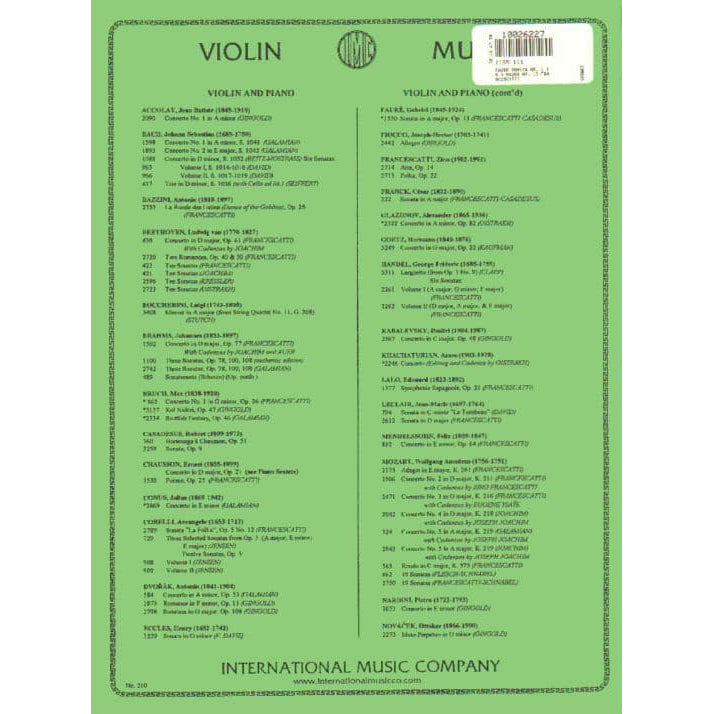 Fauré, Gabriel - Sonata No 1 in A Major, Op 13 - Violin and Piano - edited by Zino Francescatti - International Edition