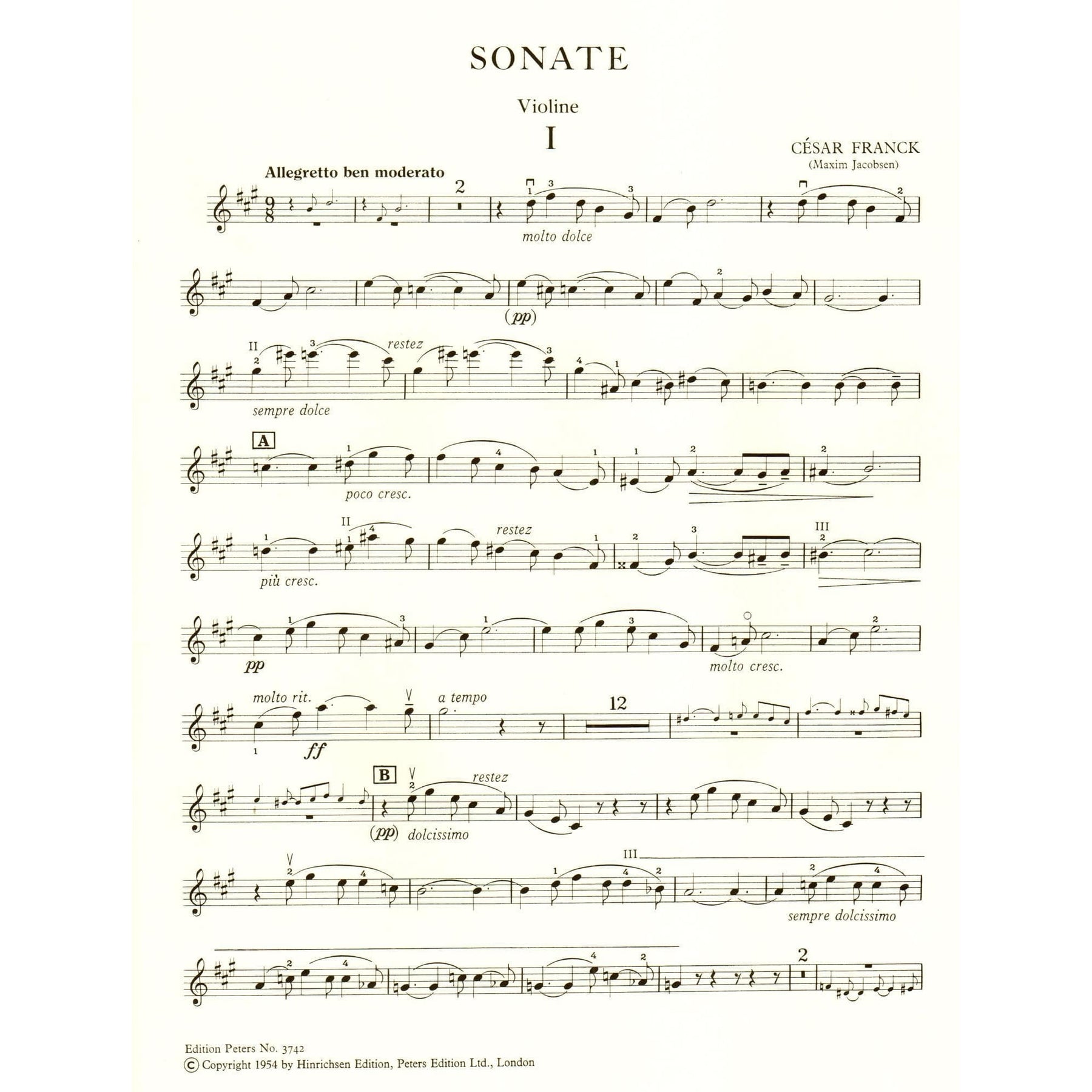 Franck, César - Sonata In A Major - Violin and Piano - edited by Maxim Jacobsen - Edition Peters