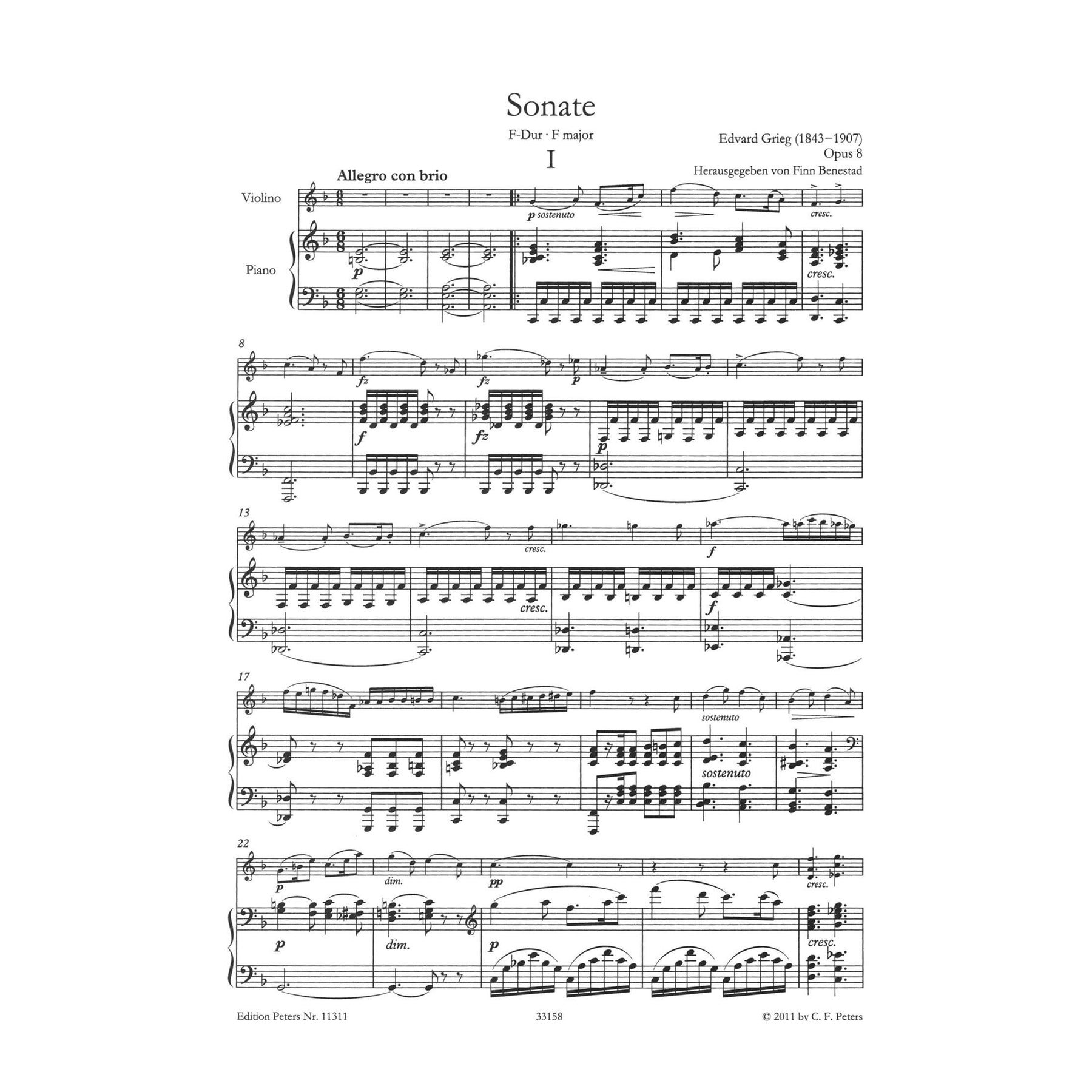 Grieg, Edvard - Sonata No 1 in F Major, Op 8 - Violin and Piano - edited by Finn Benestad - Edition Peters URTEXT