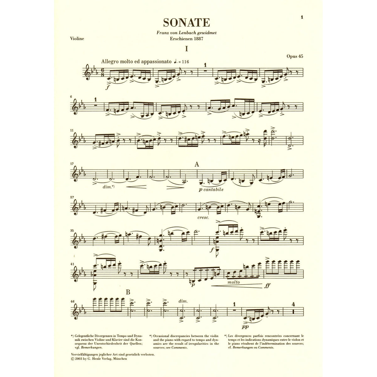 Grieg, Edvard - Sonata No 3 in c minor, Op 45 - Violin and Piano - editedy by Egon Voss - G Henle Verlag URTEXT