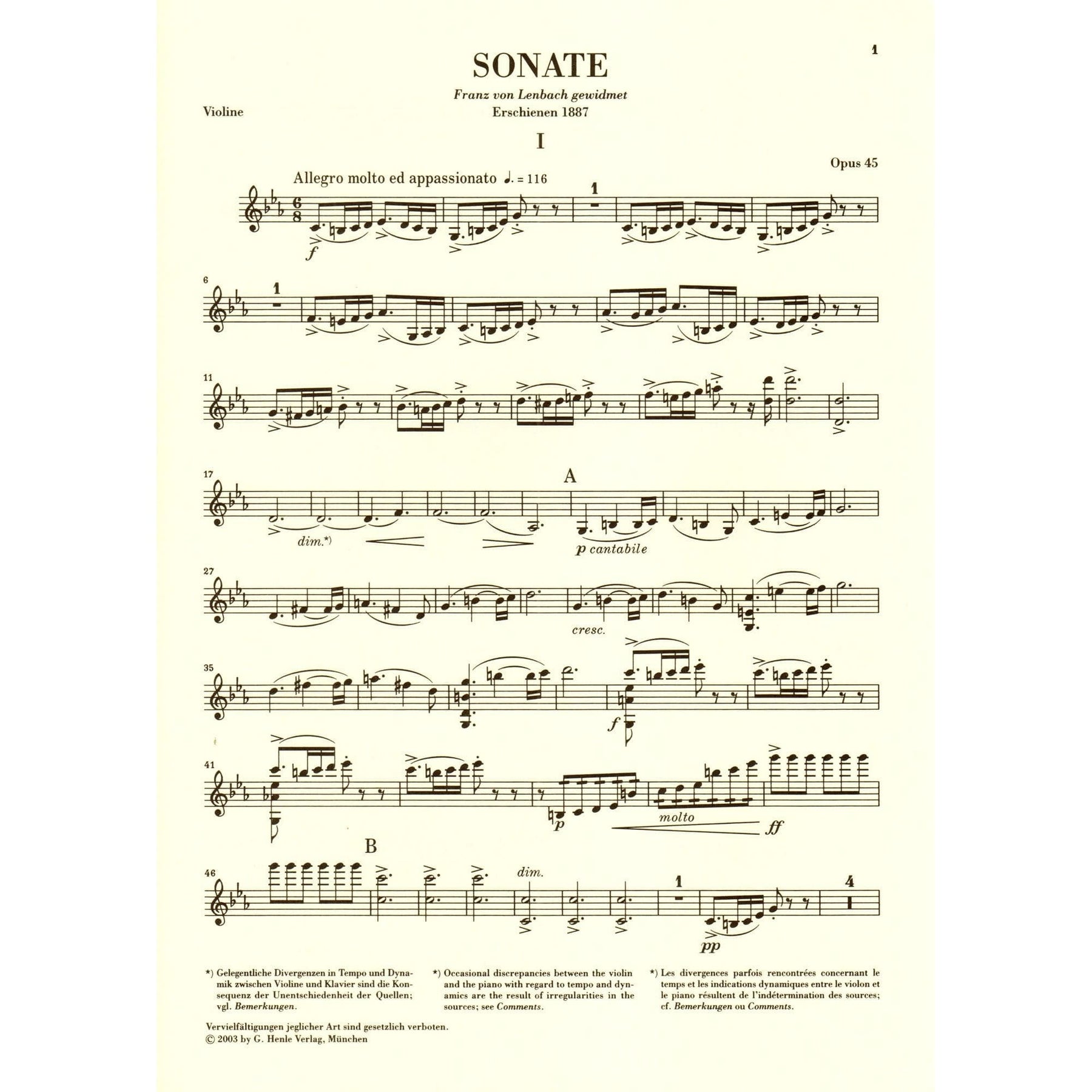 Grieg, Edvard - Sonata No 3 in c minor, Op 45 - Violin and Piano - editedy by Egon Voss - G Henle Verlag URTEXT