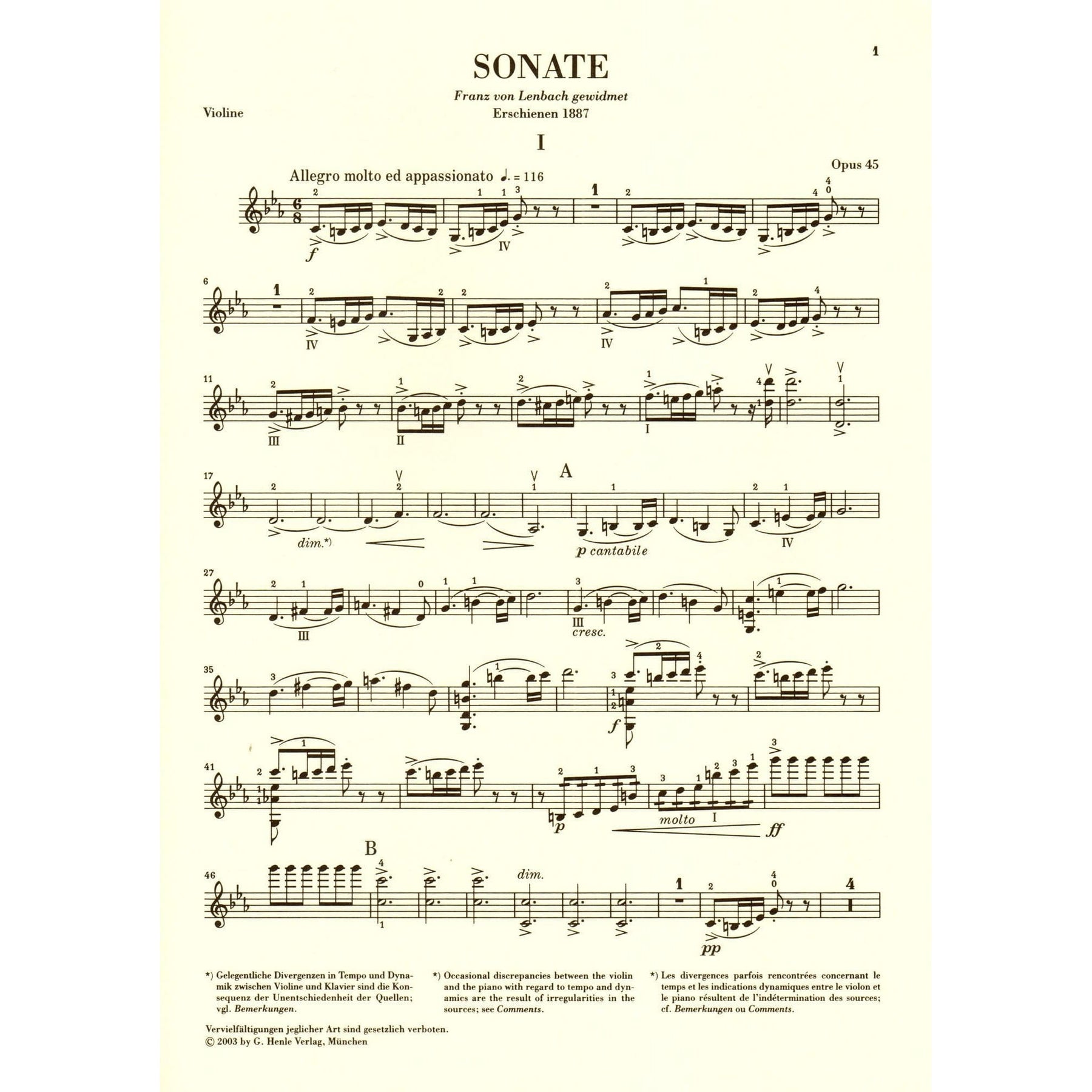 Grieg, Edvard - Sonata No 3 in c minor, Op 45 - Violin and Piano - editedy by Egon Voss - G Henle Verlag URTEXT