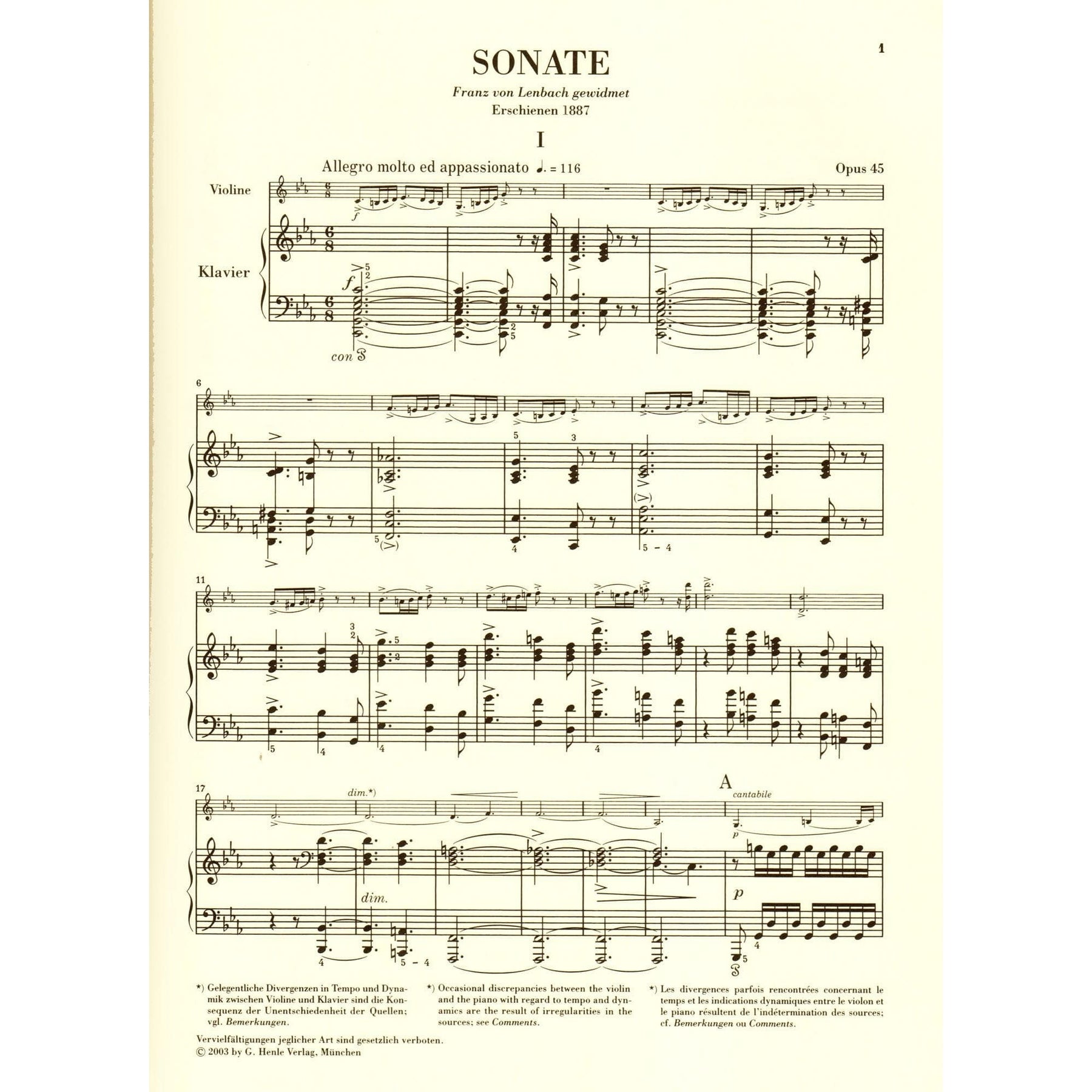 Grieg, Edvard - Sonata No 3 in c minor, Op 45 - Violin and Piano - editedy by Egon Voss - G Henle Verlag URTEXT