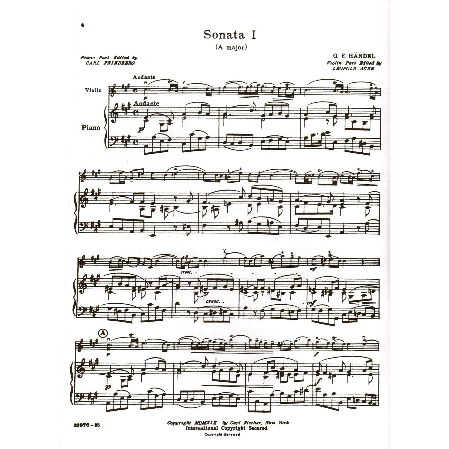 Handel, George Frideric - Six Sonatas (Complete) - Violin and Piano - edited by Leopold Auer and C Friedberg - Carl Fischer Edition