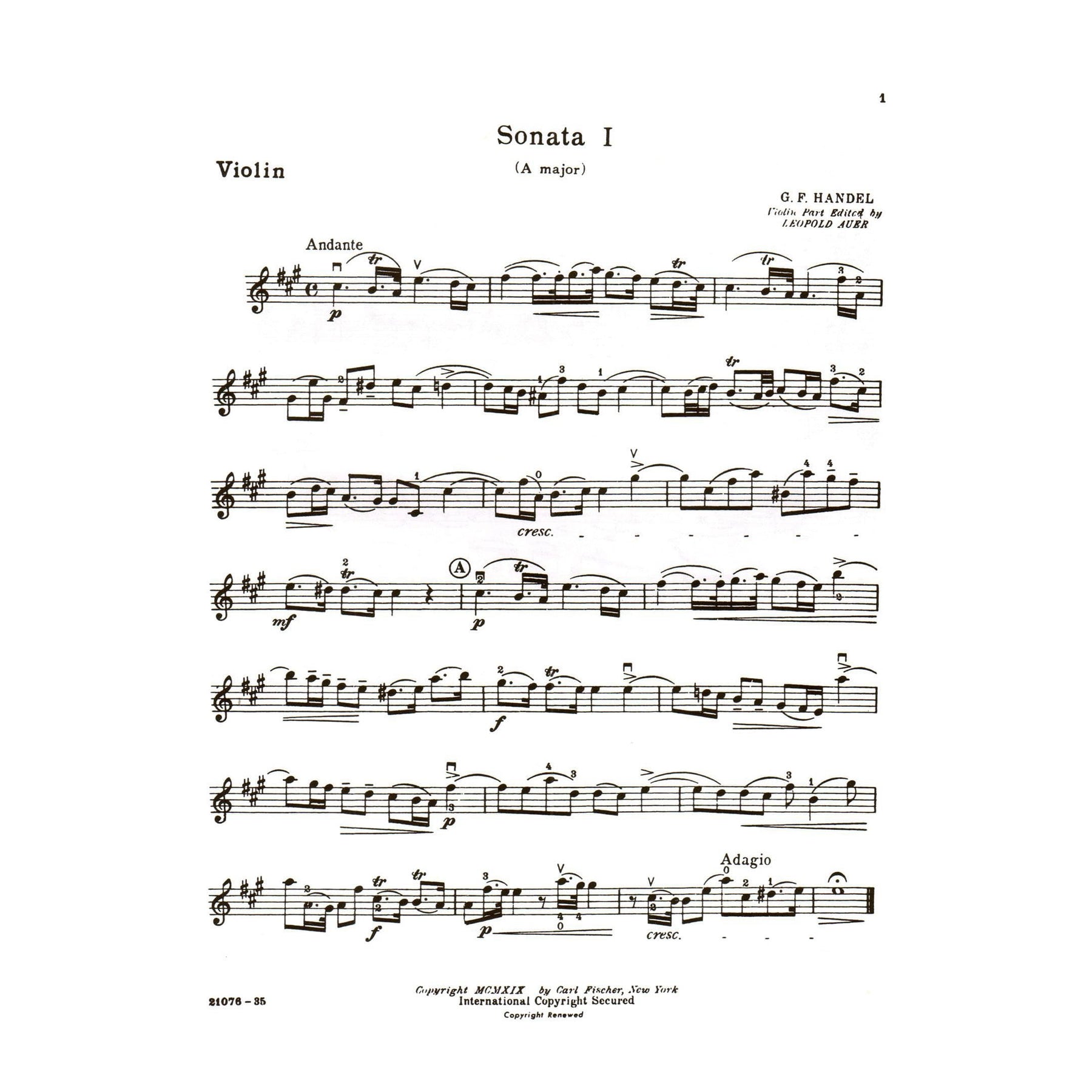 Handel, George Frideric - Six Sonatas (Complete) - Violin and Piano - edited by Leopold Auer and C Friedberg - Carl Fischer Edition