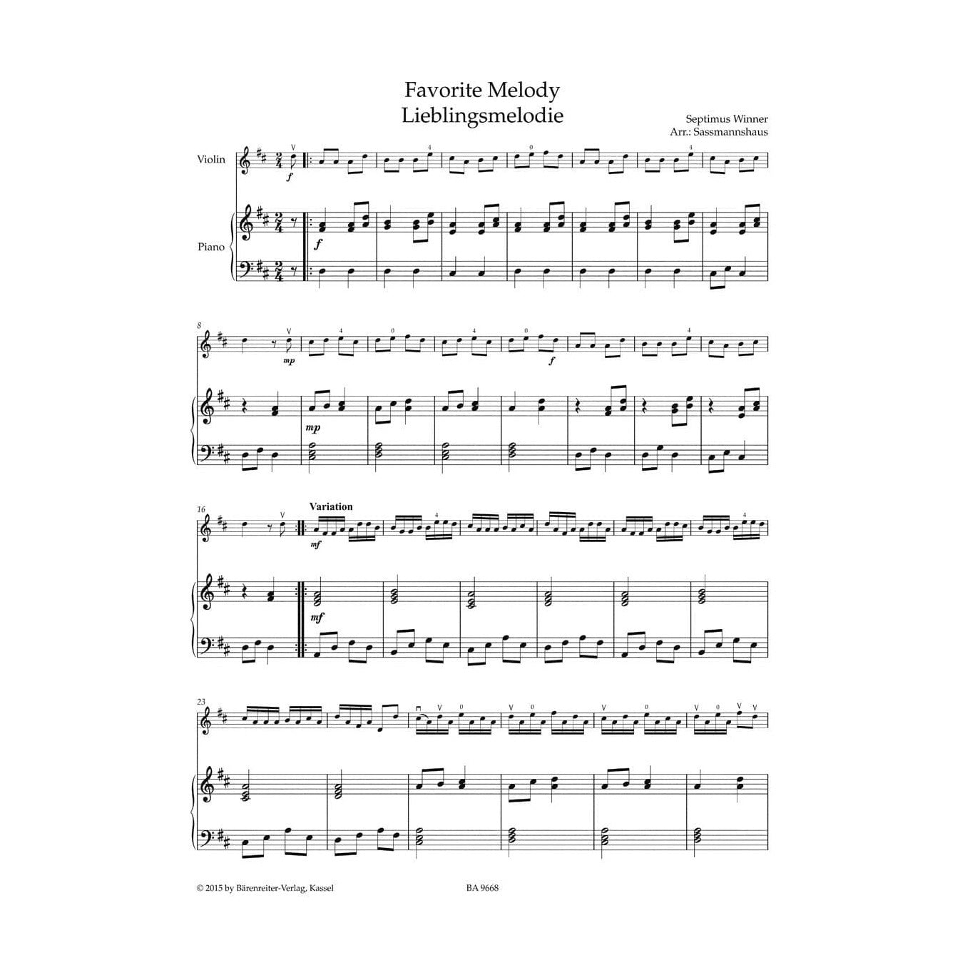 Sassmannshaus, Kurt and Christoph and Lusk, Melissa - Violin Recital Album, Volume 1: First Position - for Violin, Violin and Piano, or Violin Duet - Barenreiter