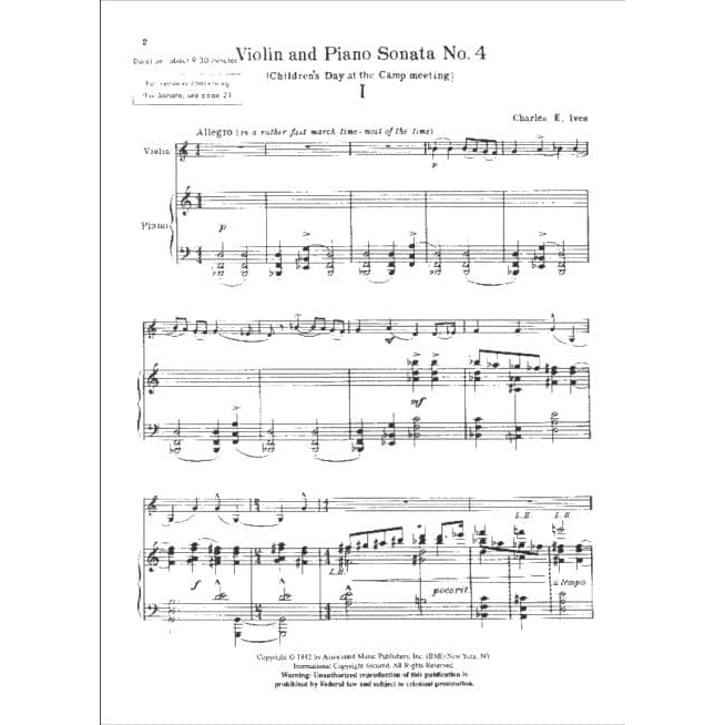 Ives, Charles - Sonata No 4 (Children's Day at the Camp Meeting) - Violin and Piano - Associated Music Publishers