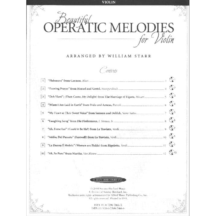 Starr, William - Beautiful Operatic Melodies for Violin - Book and Cd - arranged by William Starr - Summy-Brichard