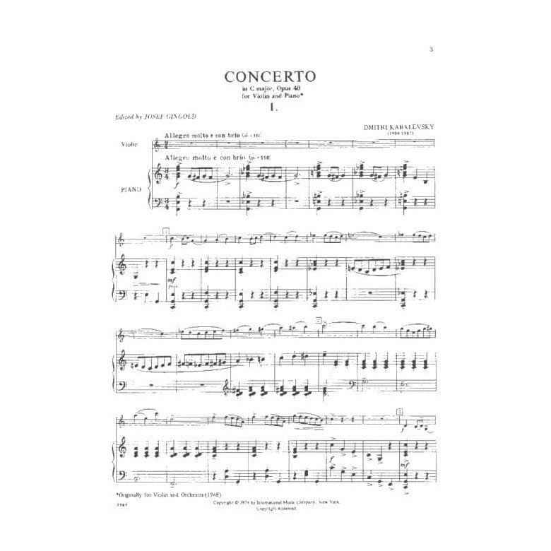 Kabalevsky, Dmitri - Concerto in C Major, Op 48 - Violin and Piano - edited by Josef Gingold - International Music Co