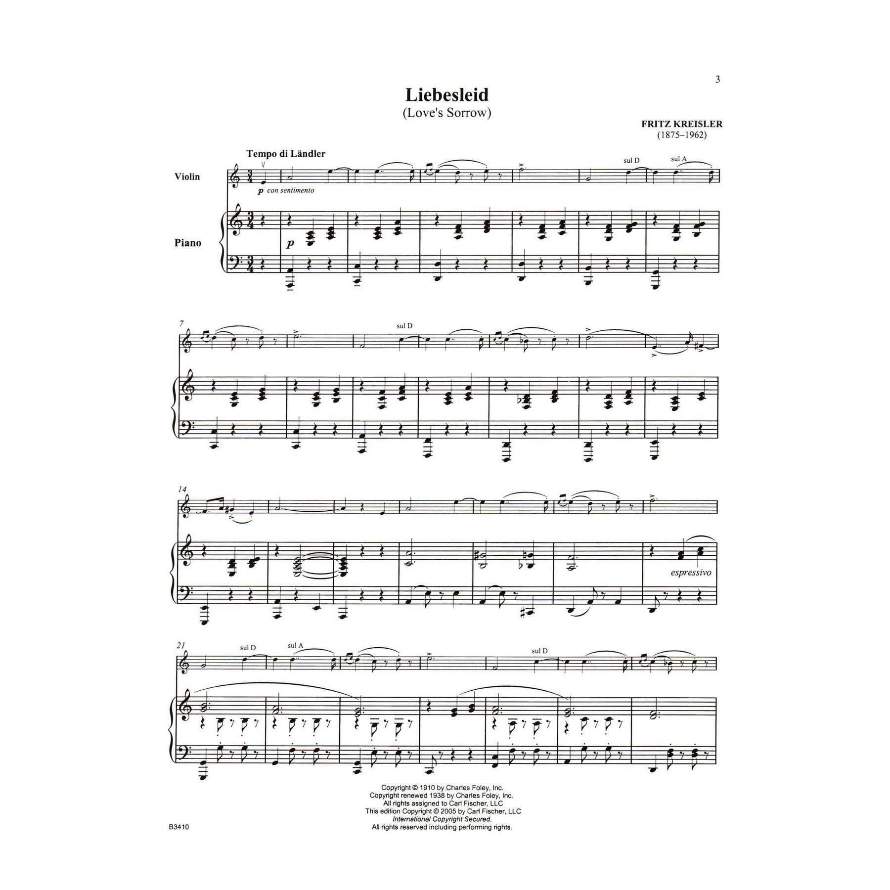 Kreisler, Fritz - Liebesleid - for Violin and Piano - includes Online Audio - Carl Fischer Edition