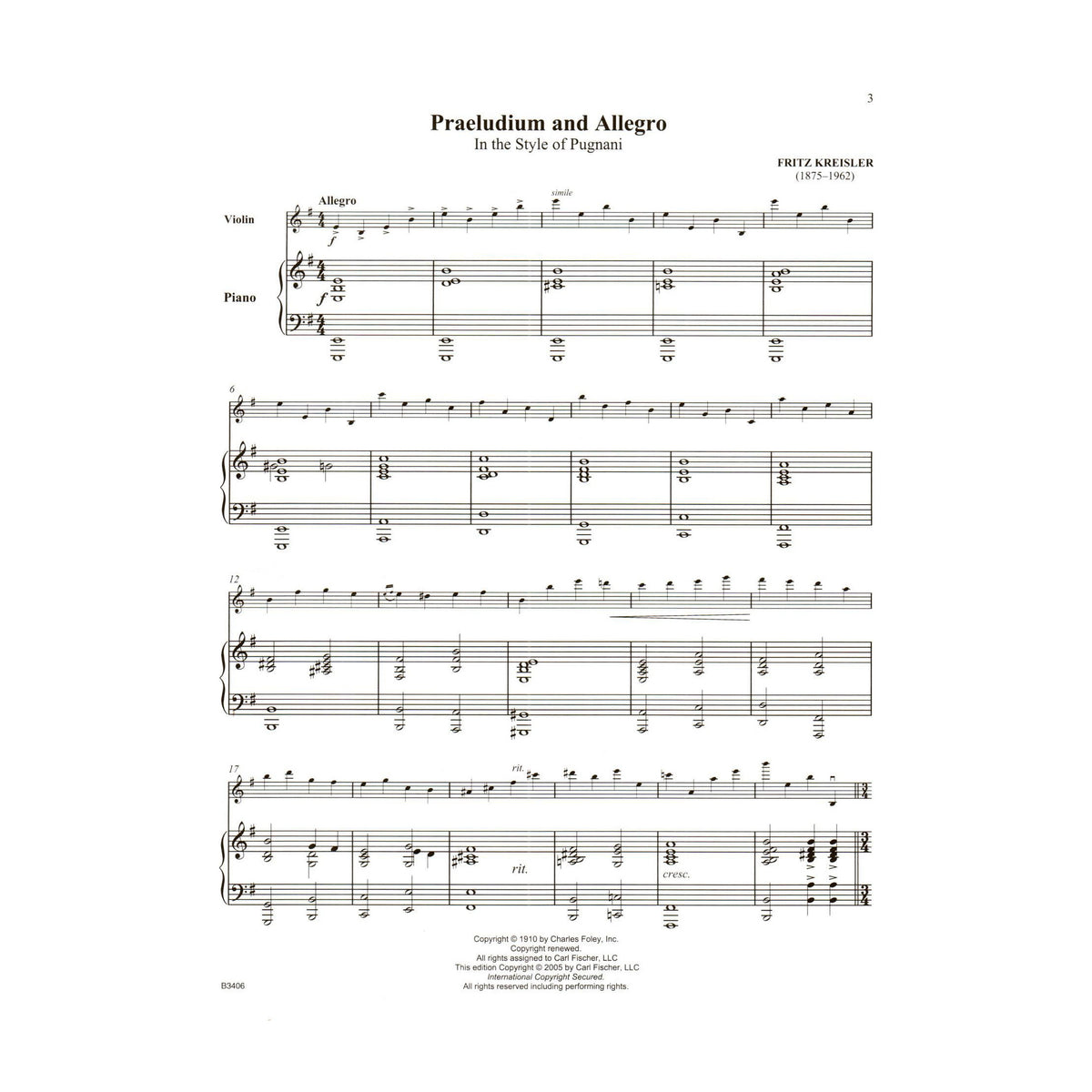 Kreisler, Fritz - Praeludium and Allegro - Violin and Piano - Book/Online Audio - Carl Fischer Edition